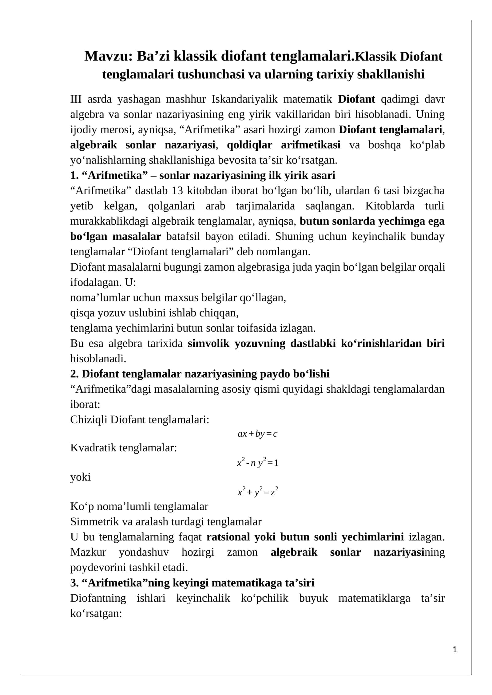 Ba’zi klassik diofant tenglamalari