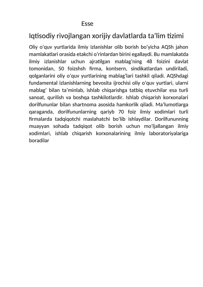 iqtisodiy rivojlangan xorijiy davlatlar tizimi