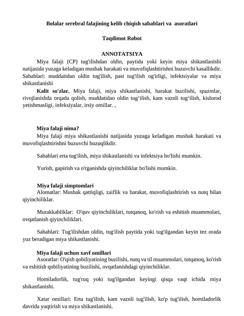 Bolalar serebral falajining kelib chiqish sabablari va asoratlari