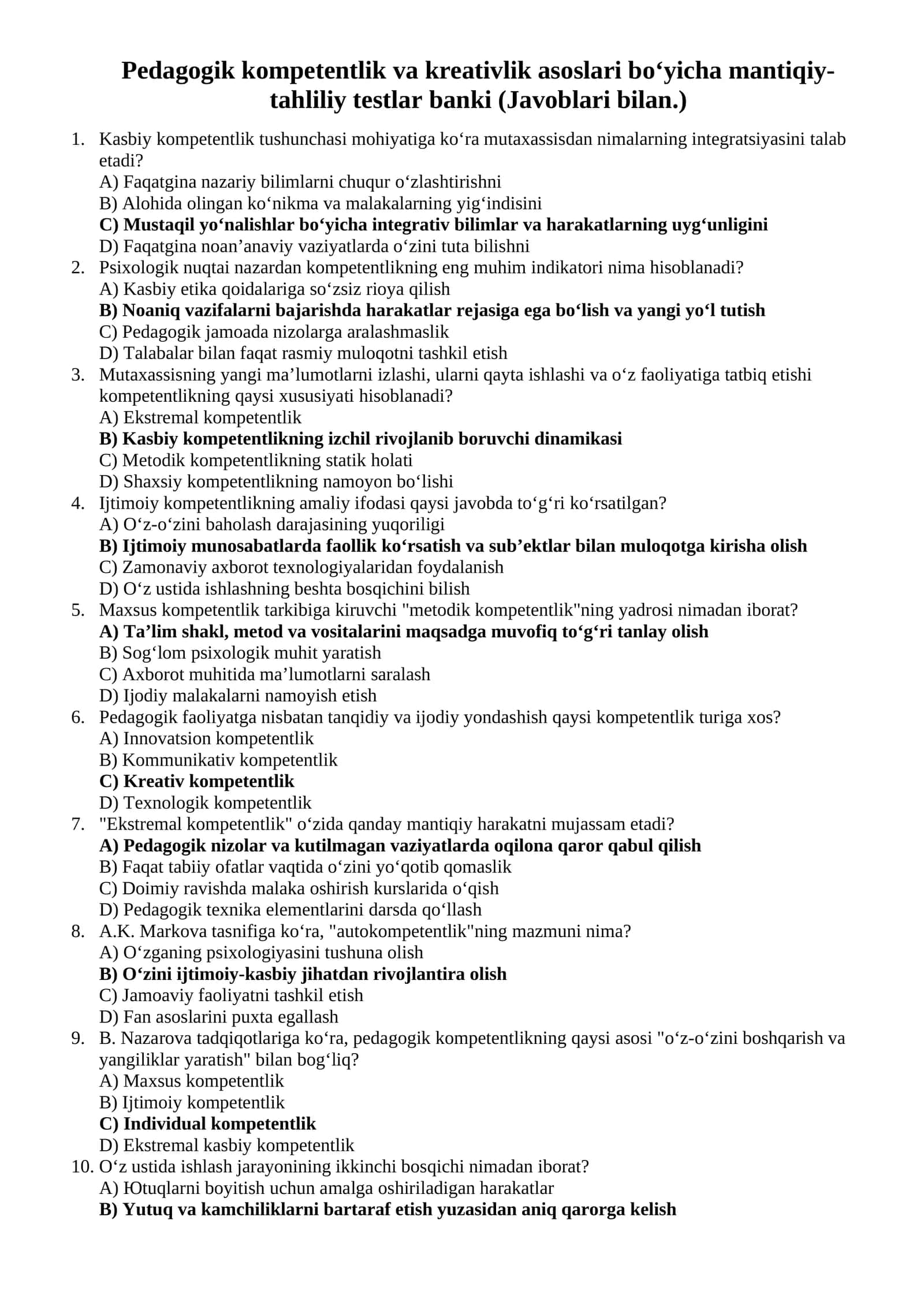 Toifa Attestatsiyasi uchun Pedagogik kompetentlik va kreativlik asoslari bo‘yicha mantiqiy-tahliliy testlar banki (Javoblari bilan.)