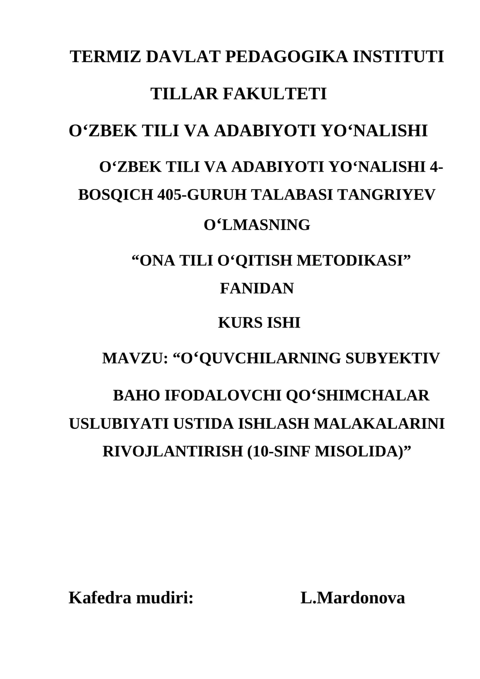 "ONA TILI O‘QITISH METODIKASI" KURS ISHI