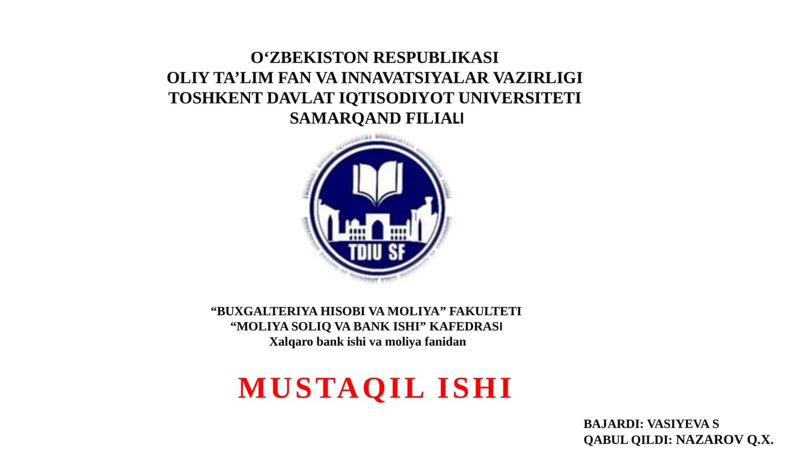 Xalqarobank ishi va moliya fanidan