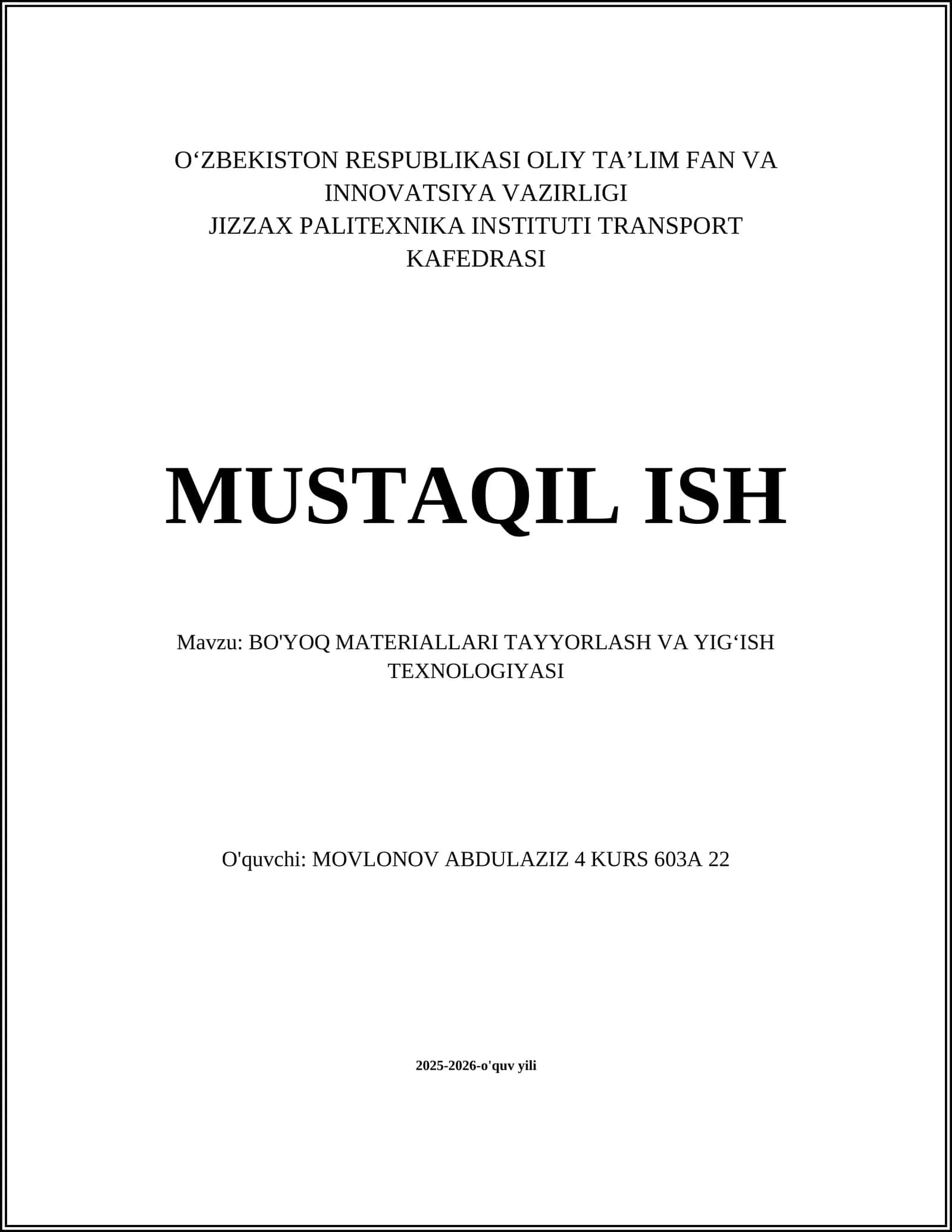 BO'YOQ MATERIALLARI TAYYORLASH VA YIG‘ISH TEXNOLOGIYASI