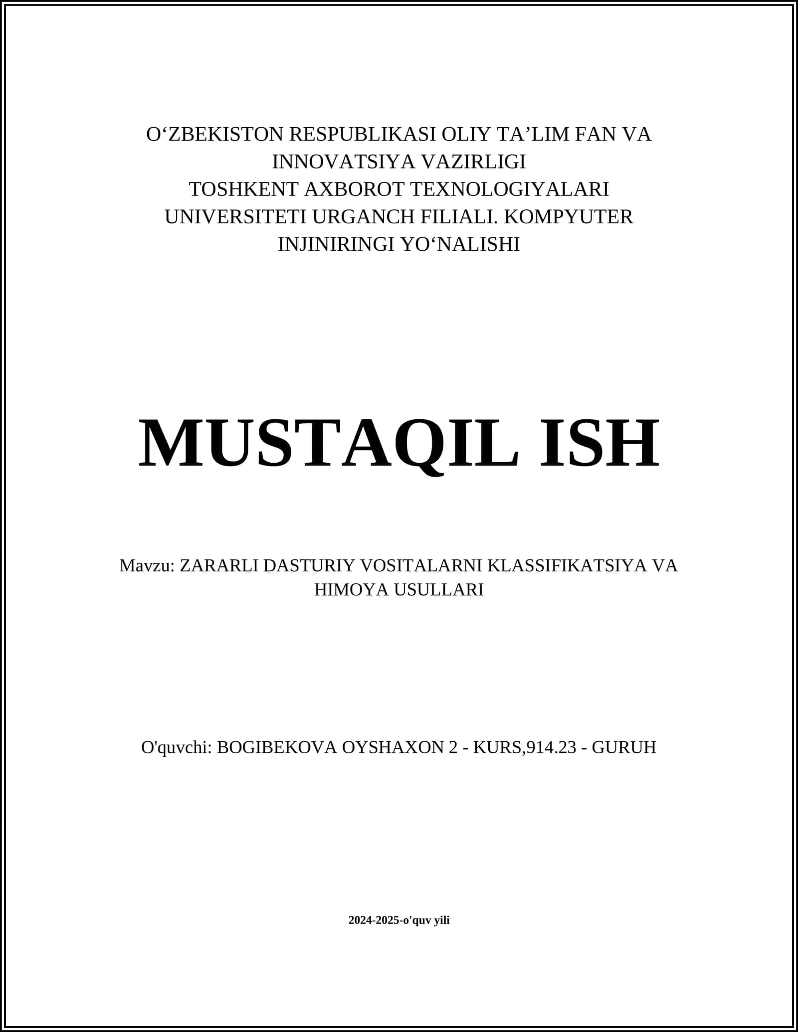 ZARARLI DASTURIY VOSITALARNI KLASSIFIKATSIYA VA HIMOYA USULLARI
