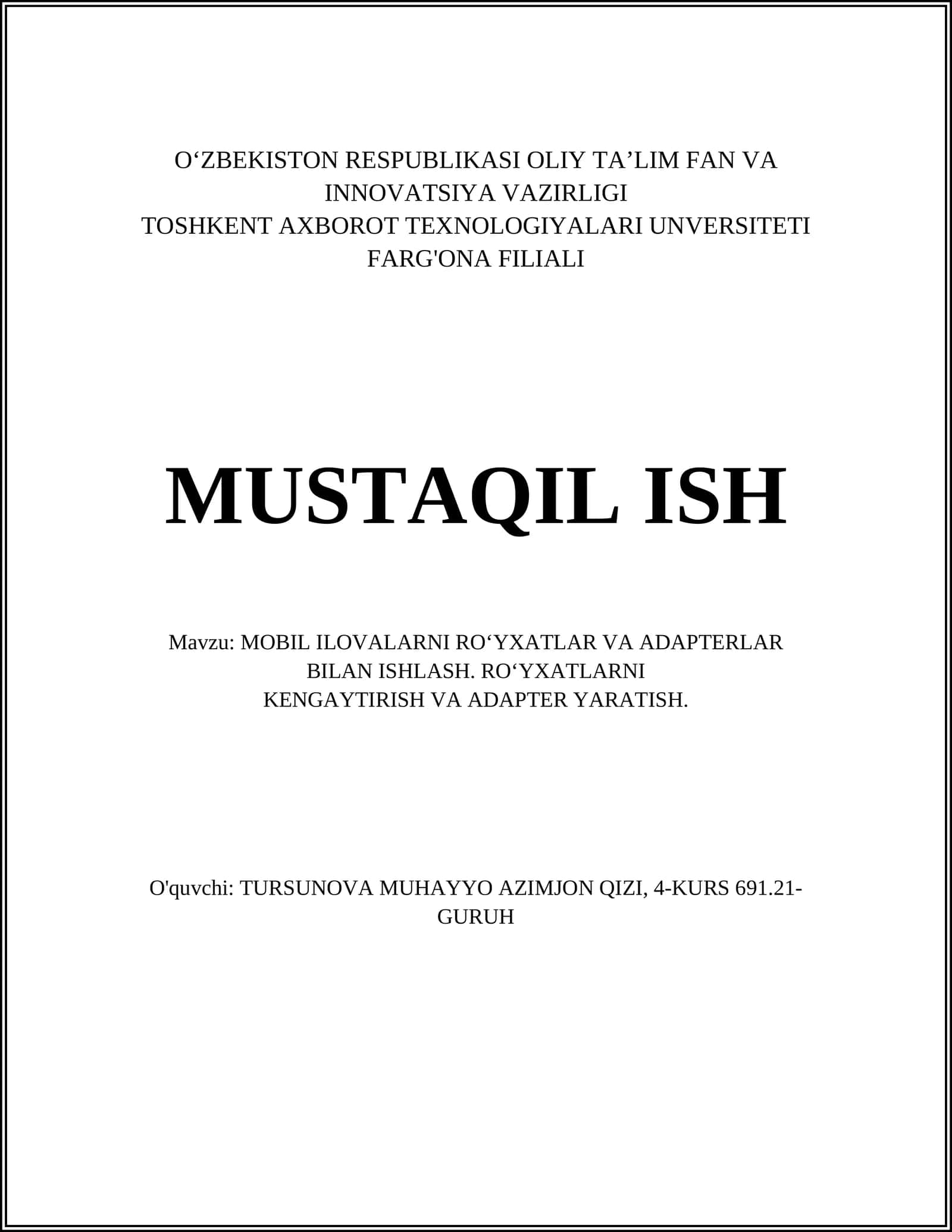 MOBIL ILOVALARNI RO‘YXATLAR VA ADAPTERLAR BILAN ISHLASH
