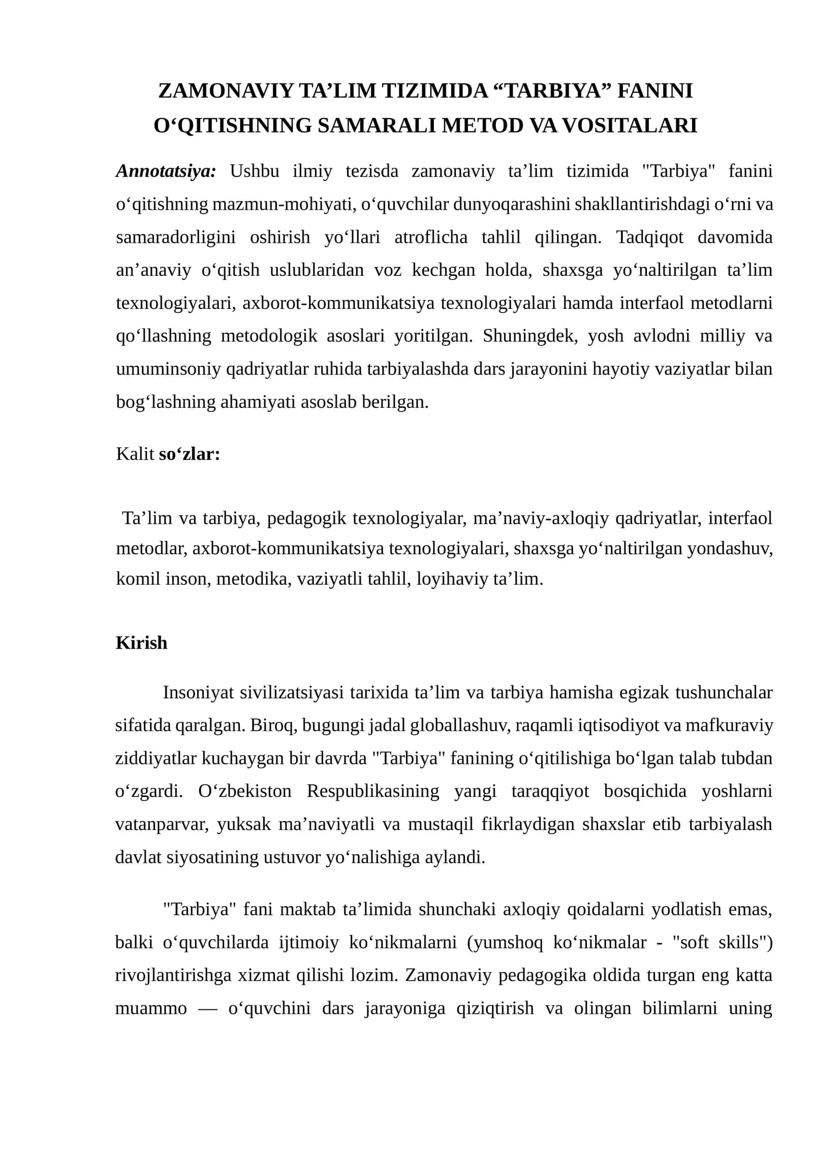 ZAMONAVIY TA’LIM TIZIMIDA “TARBIYA” FANINI O‘QITISHNING SAMARALI METOD VA VOSITALARI