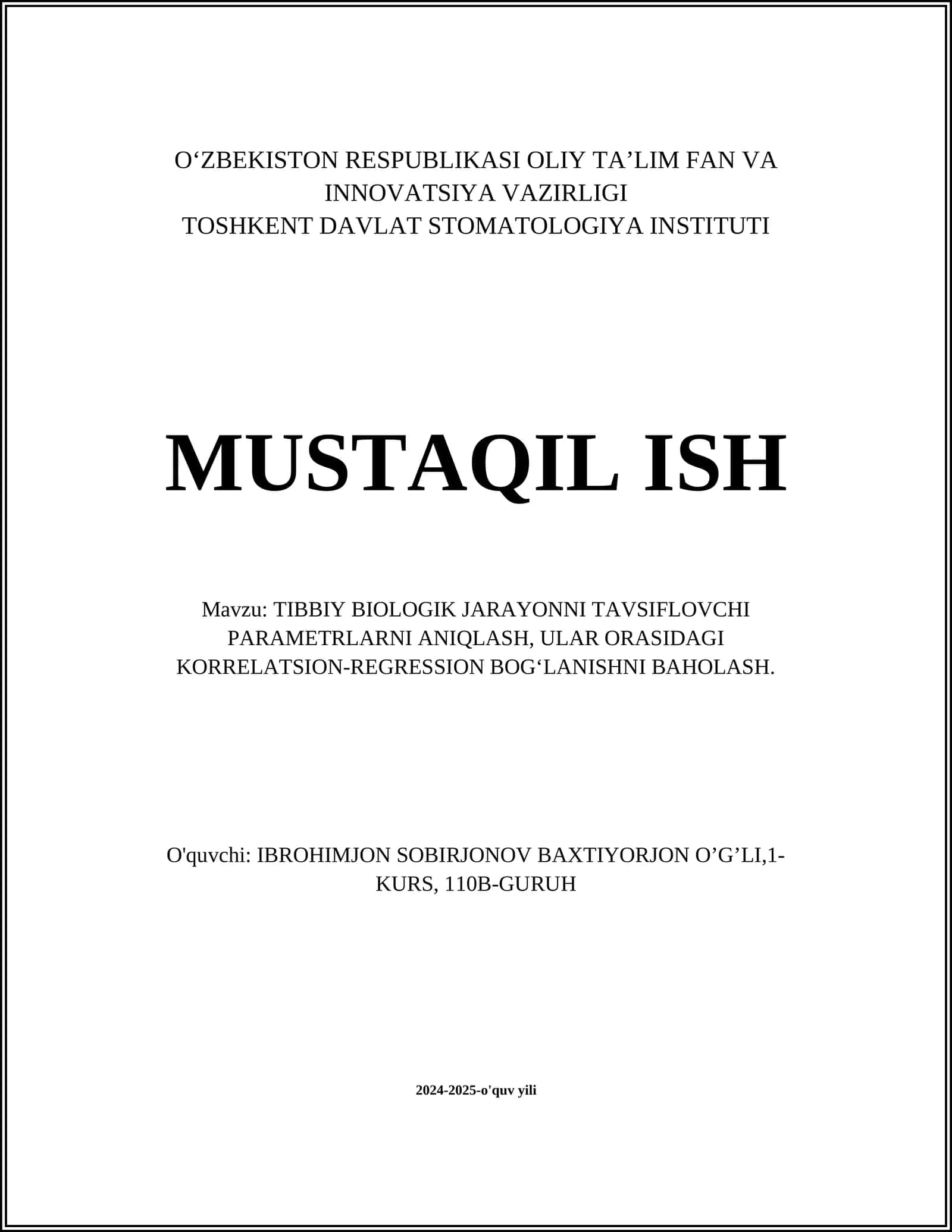 Tibbiy biologik jarayonni tavsiflovchi parametrlar
