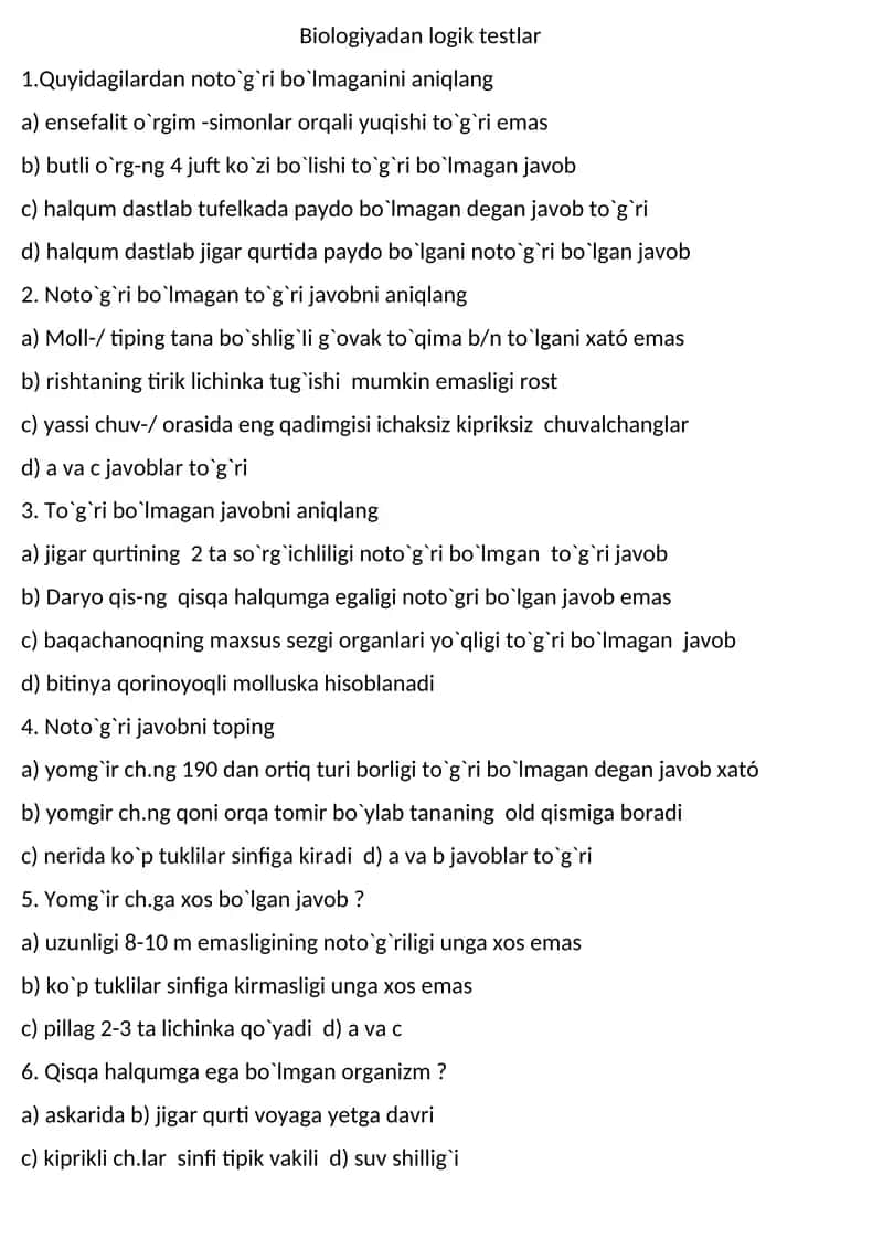 Biologiyadan logik testlar