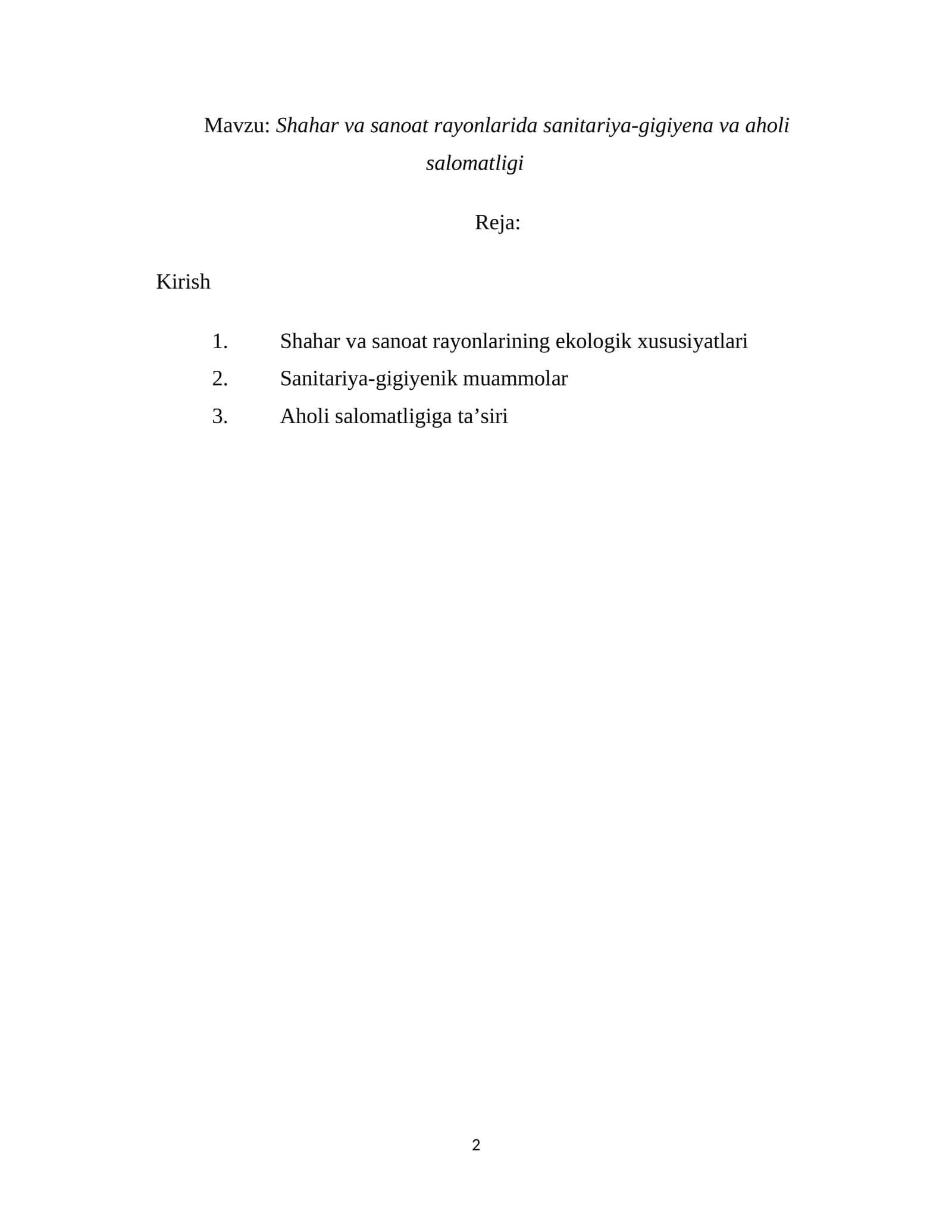 Shahar va sanoat rayonlarida sanitariya-gigiyena va aholi salomatligi
