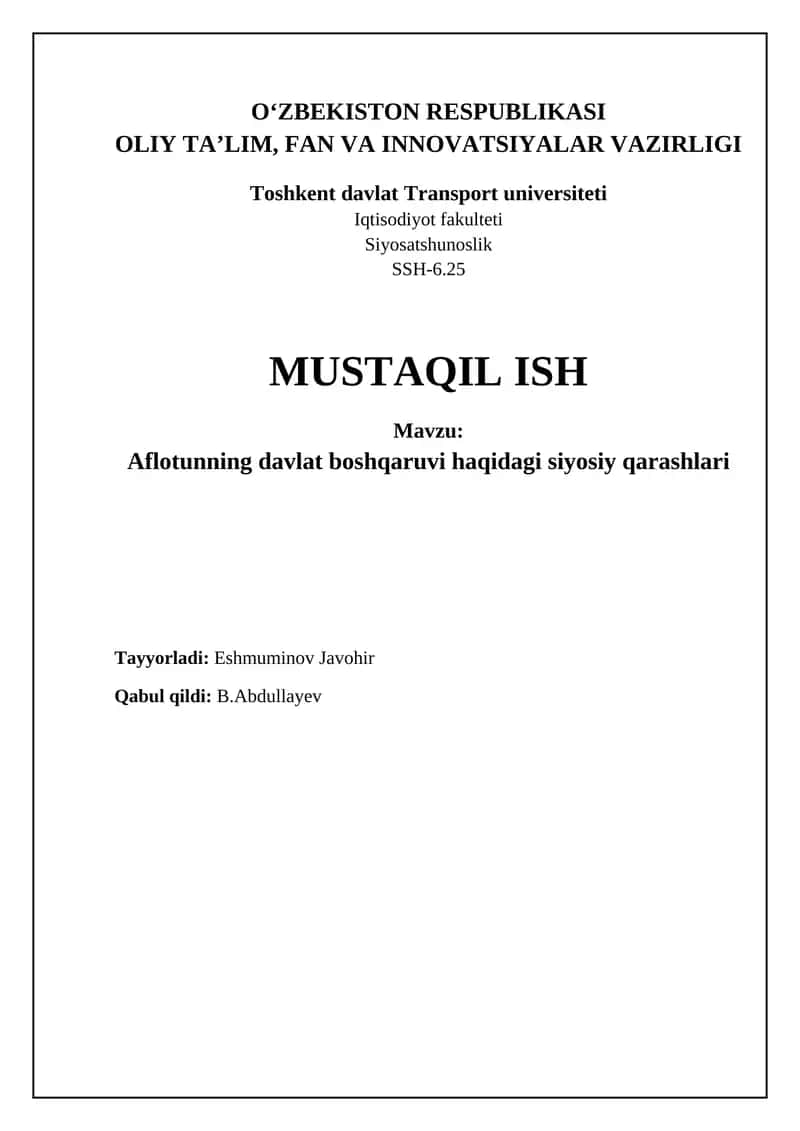 Aflotunning davlat boshqaruvi haqidagi qarashlari