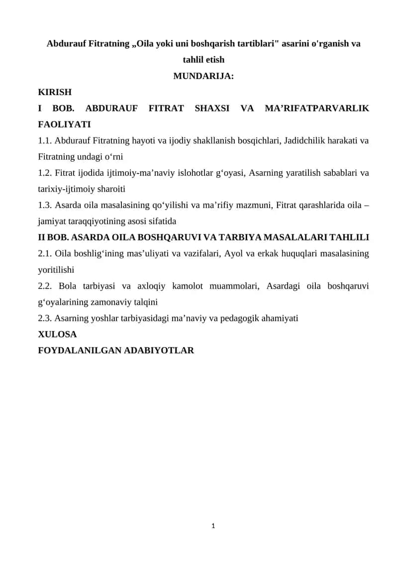 Abdurauf Fitratning „Oila yoki uni boshqarish tartiblari" asari