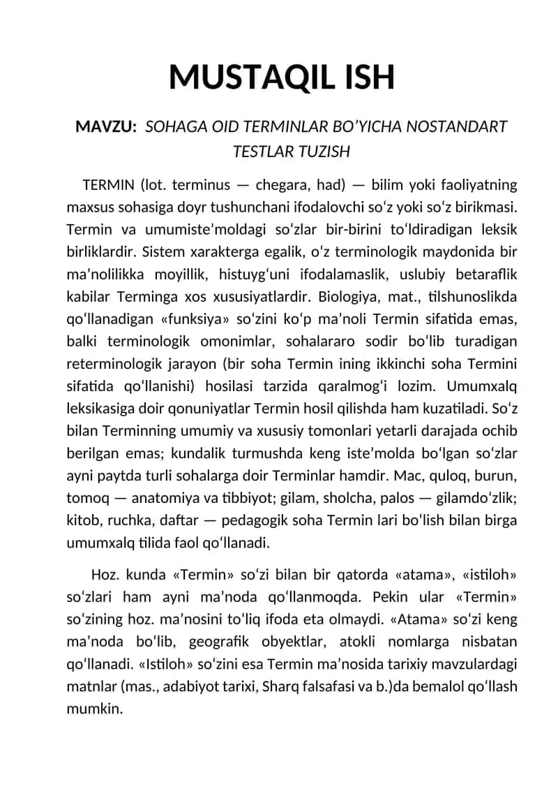 SOHAGA OID TERMINLAR BO’YICHA NOSTANDART TESTLAR TUZISH