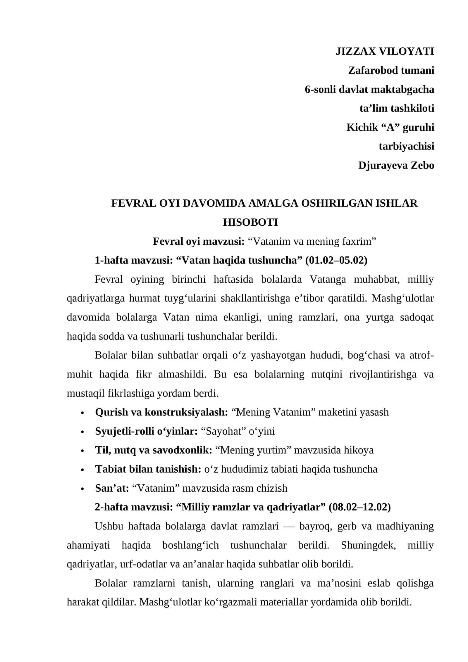 Maktabgacha ta'lim tarbiyachisi uchun Fevral hisoboti