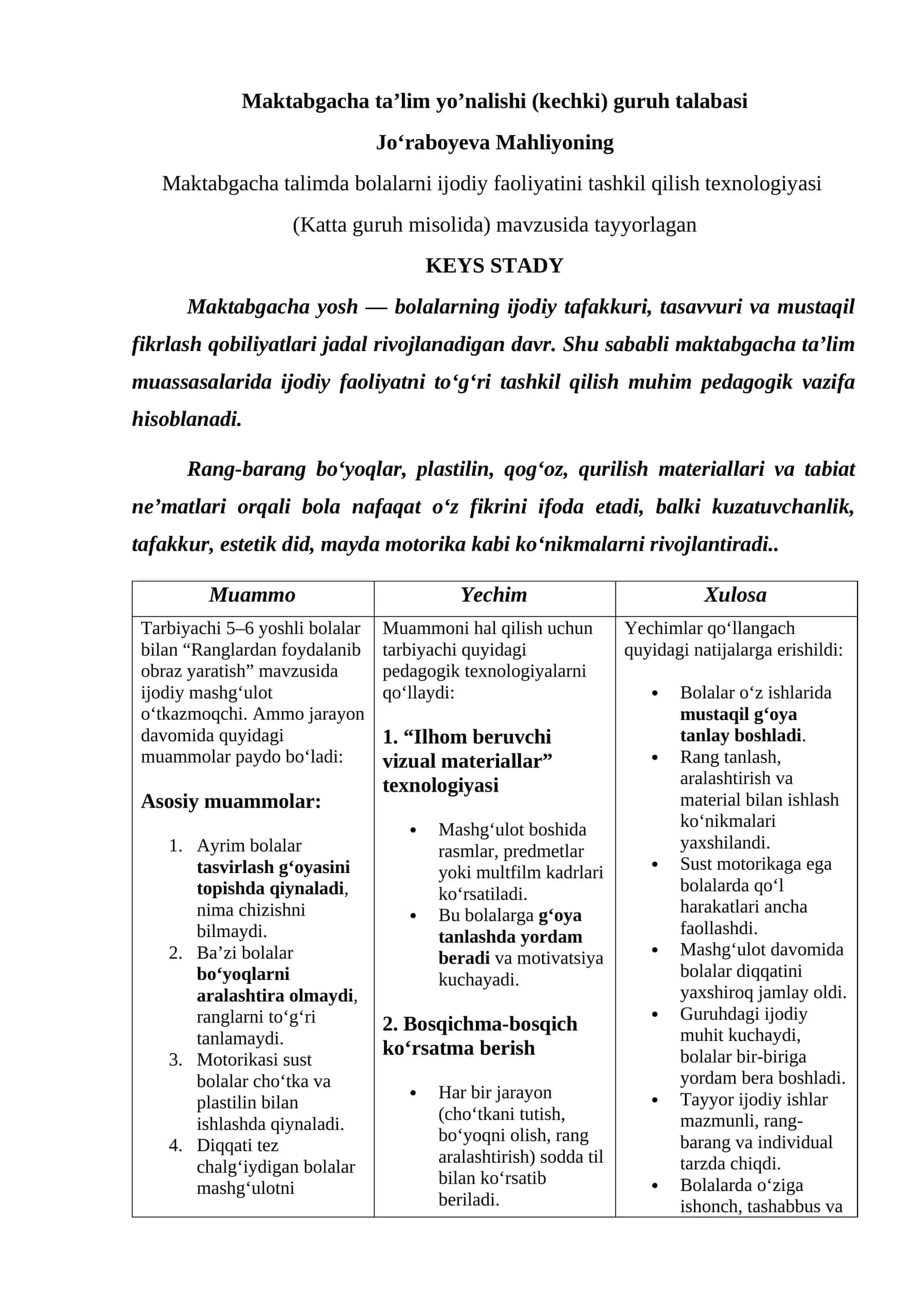 Maktabgacha ta’lim yo’nalishi (kechki) guruh talabasi