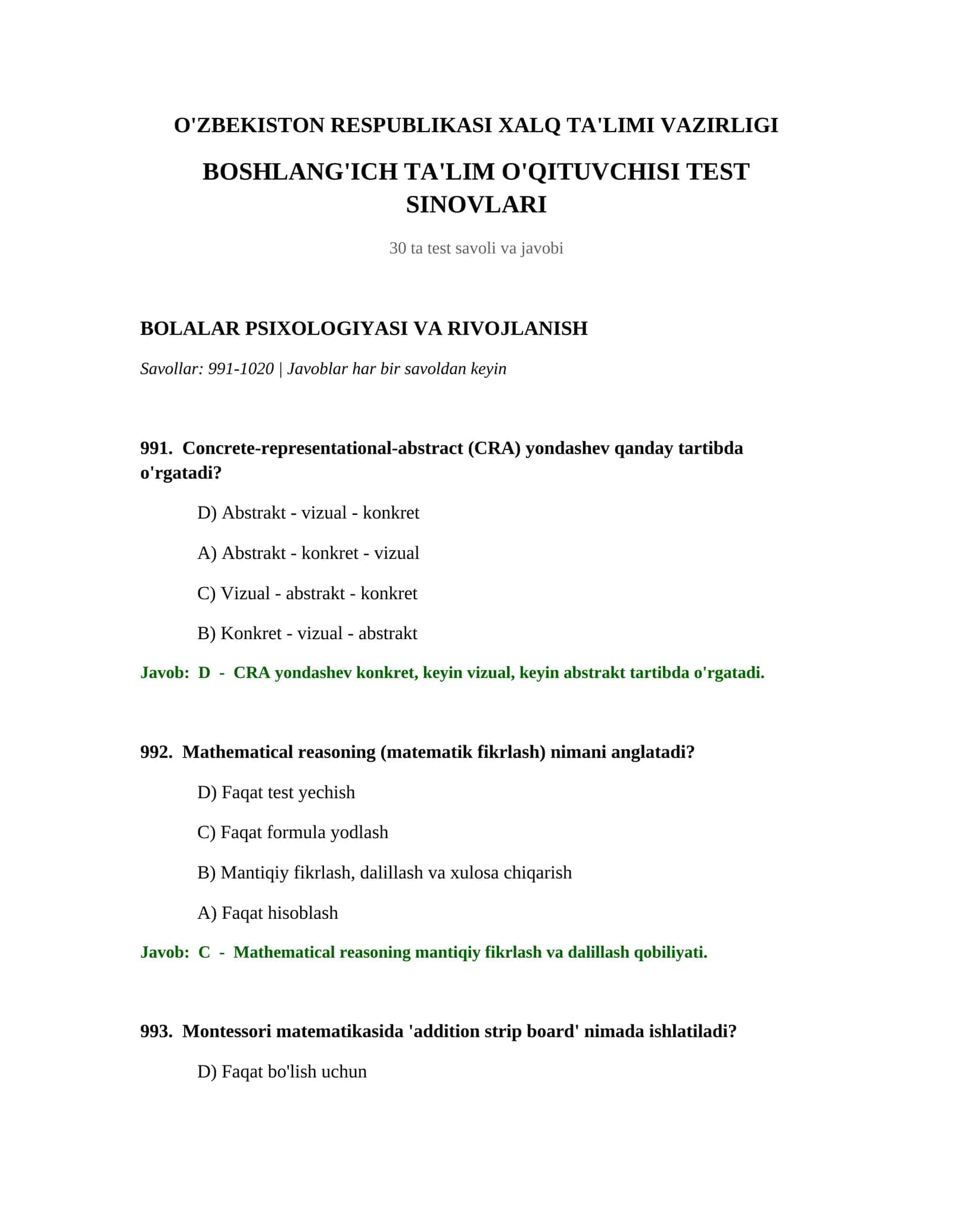 BOSHLANG'ICH TA'LIM O'QITUVCHISI TEST SINOVLARI
