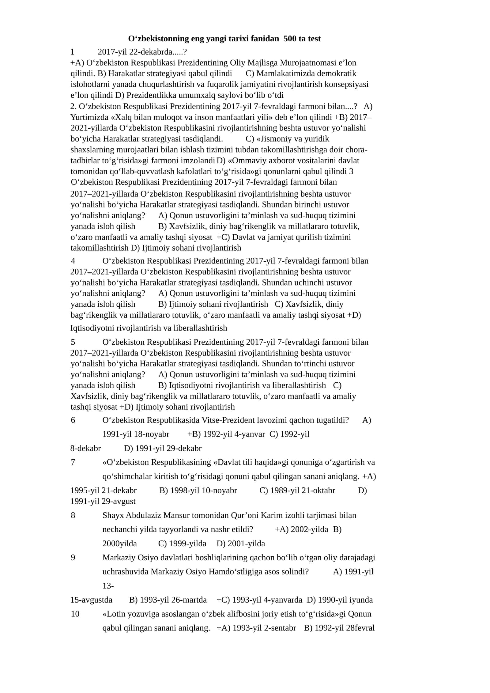 O‘zbekistonning eng yangi tarixi fanidan 500 ta test