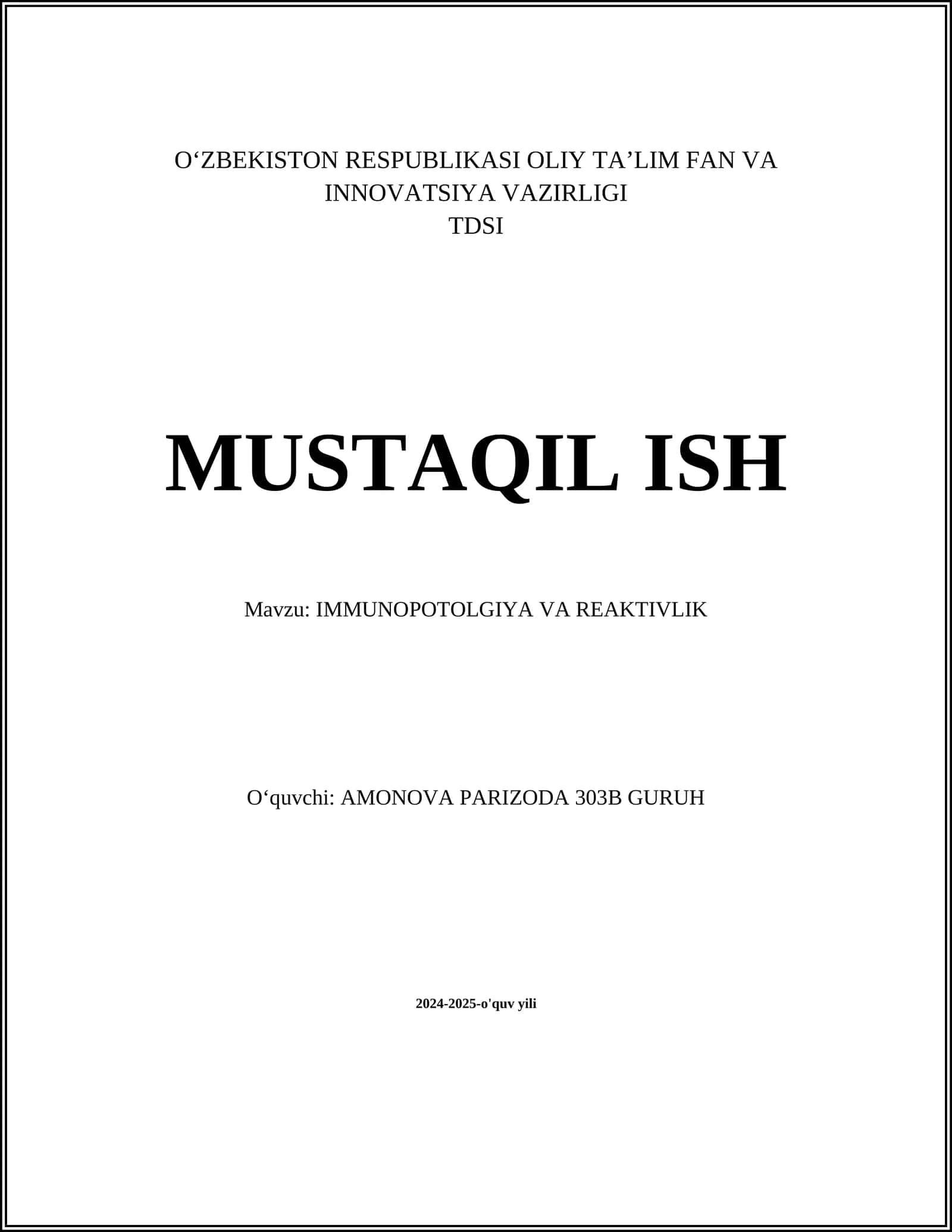 IMMUNOPOTOLGIYA VA REAKTIVLIK