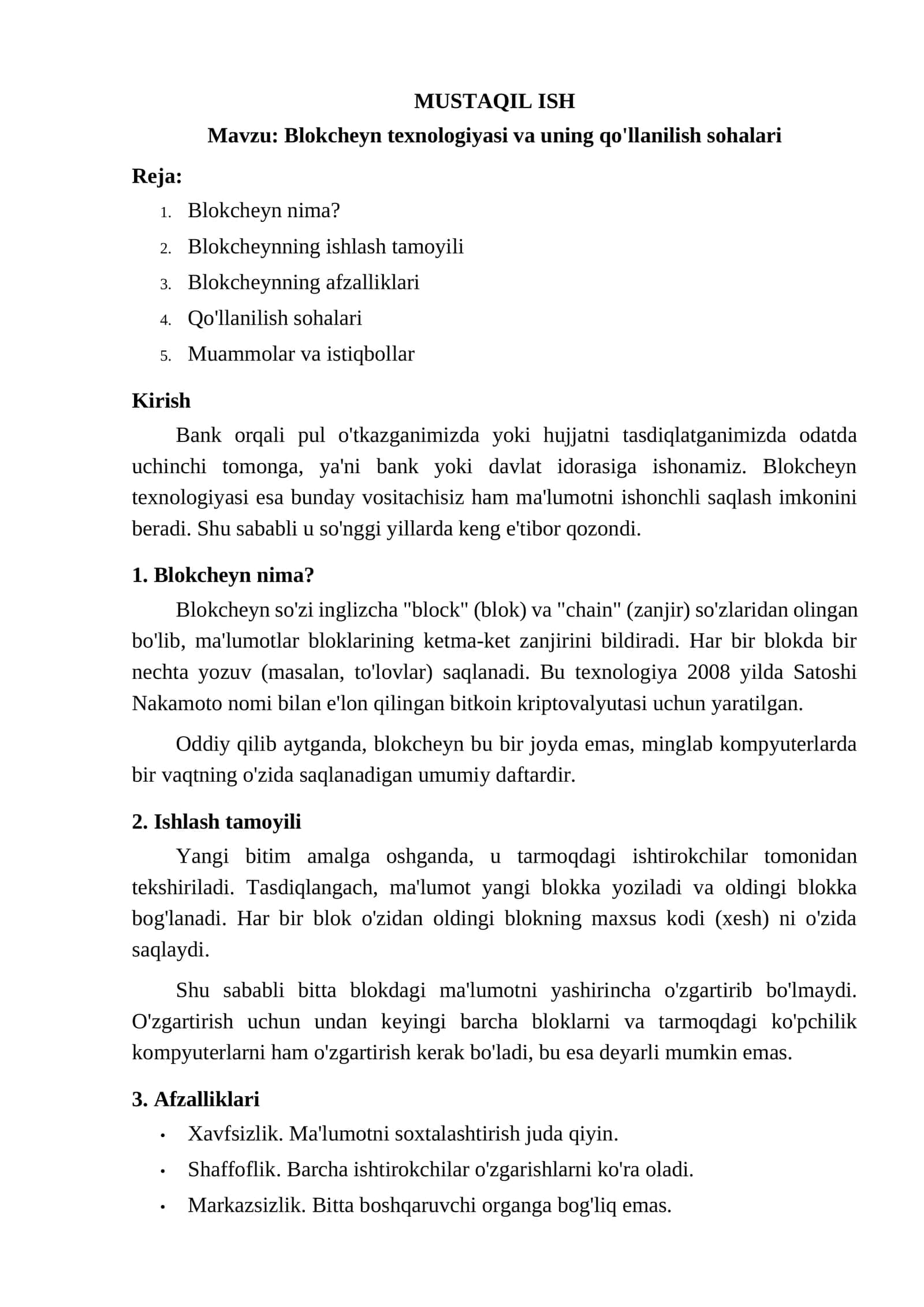 Blokcheyn texnologiyasi va uning qo'llanilish sohalari