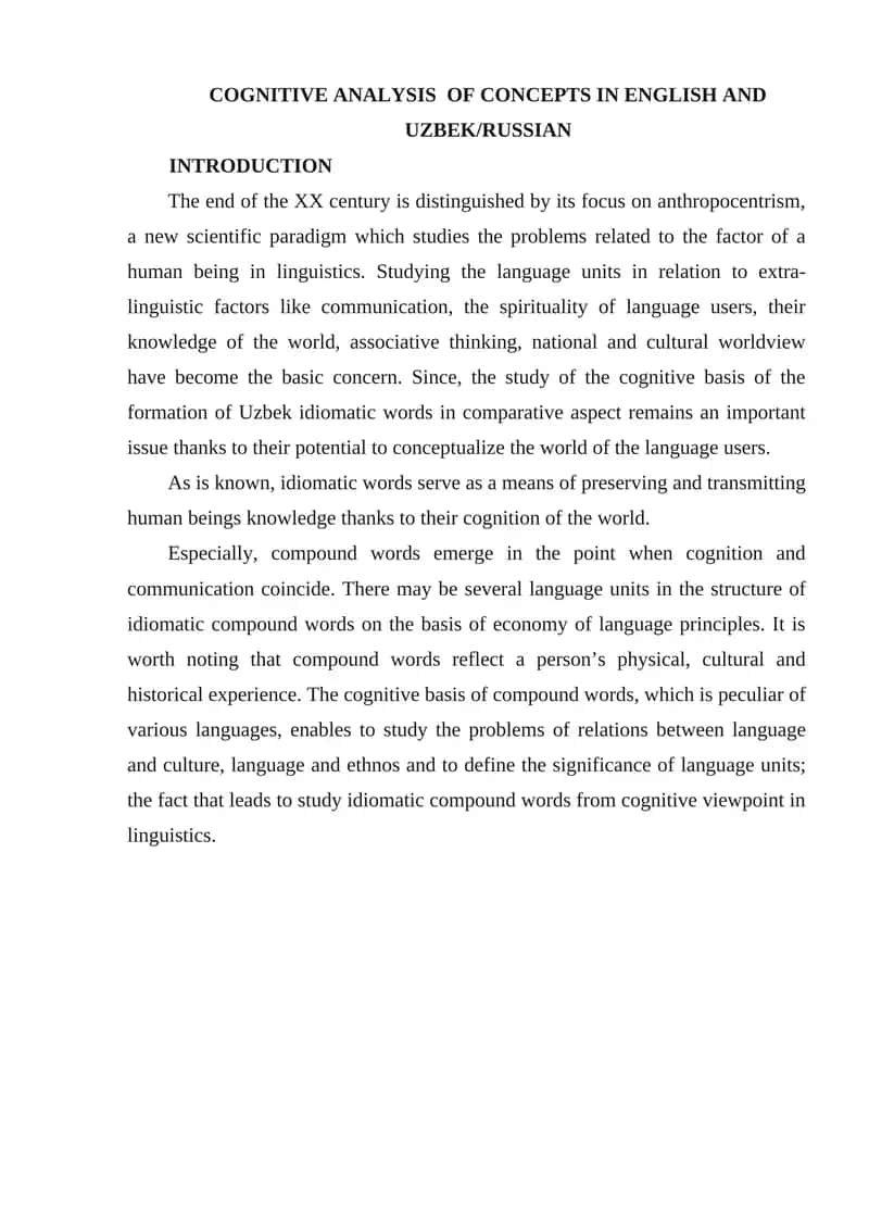 Cognitive Analysis of Concepts in English and Uzbek/Russian