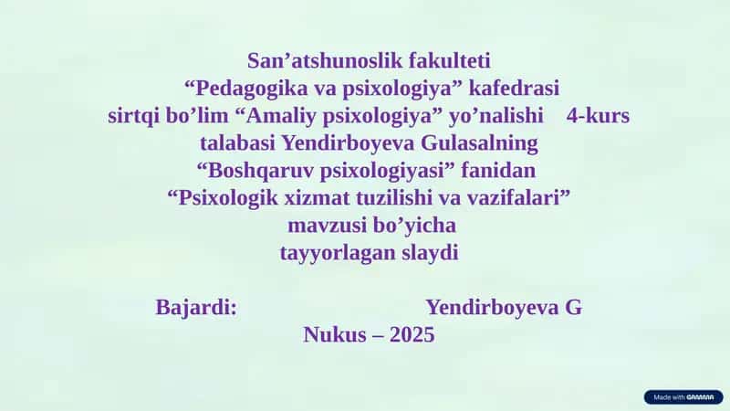 Psixologik xizmat tuzilishi va vazifalari