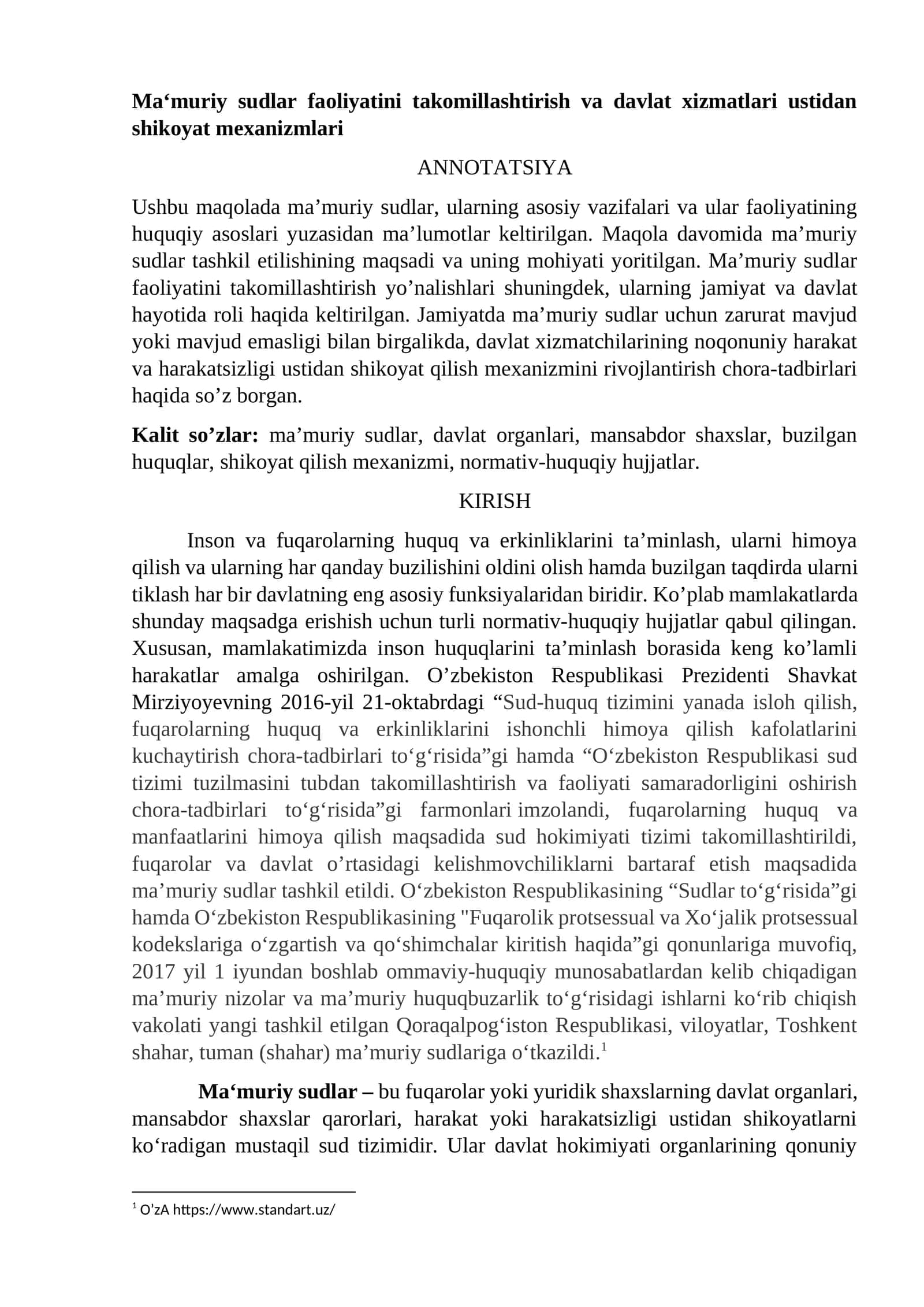 Ma‘muriy sudlar faoliyatini takomillashtirish va davlat xizmatlari ustidan shikoyat mexanizmlari