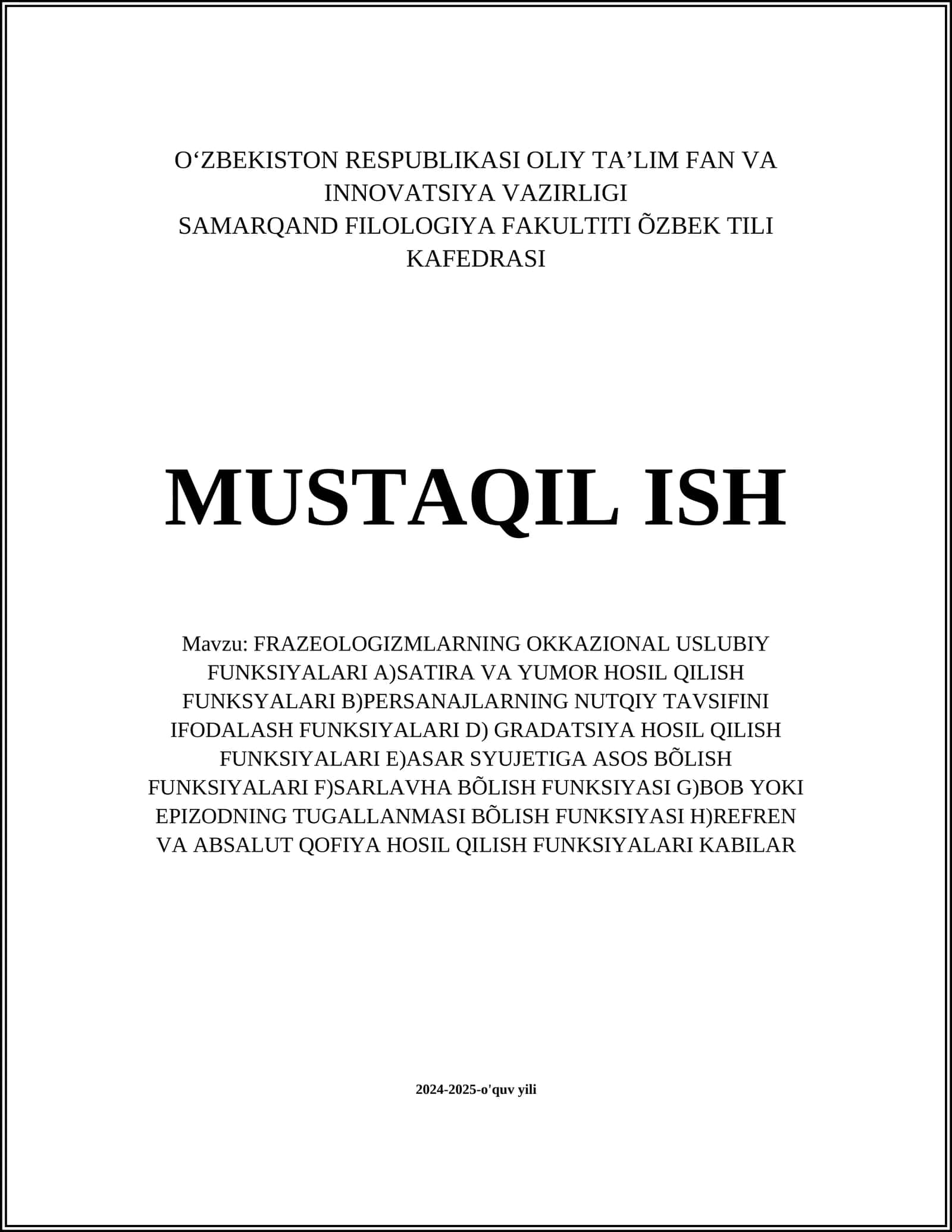 FRAZEOLOGIZMLARNING OKKAZIONAL USLUBIY FUNKSIYALARI