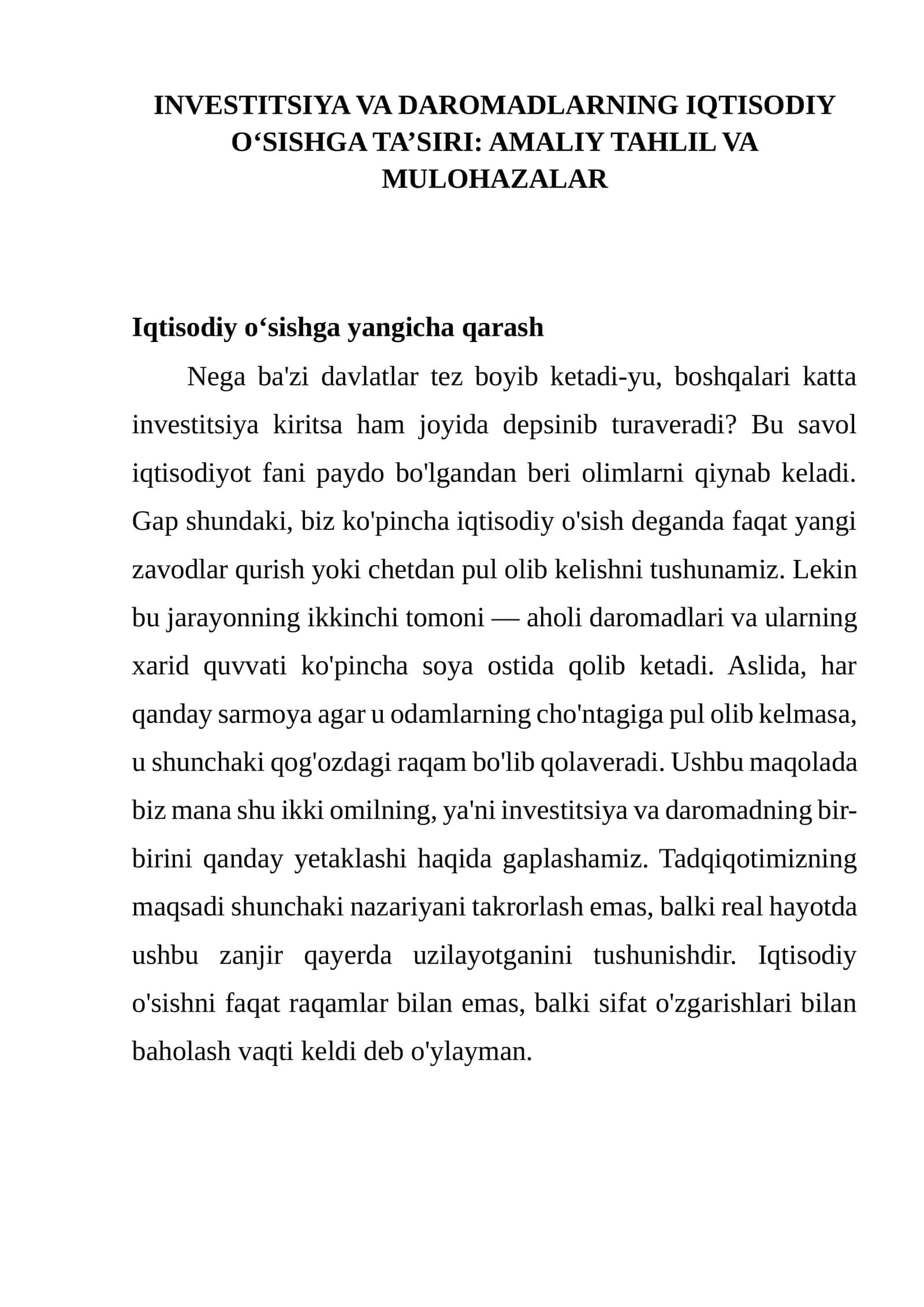 INVESTITSIYA VA DAROMADLARNING IQTISODIY O‘SISHGA TA’SIRI: AMALIY TAHLIL VA MULOHAZALAR