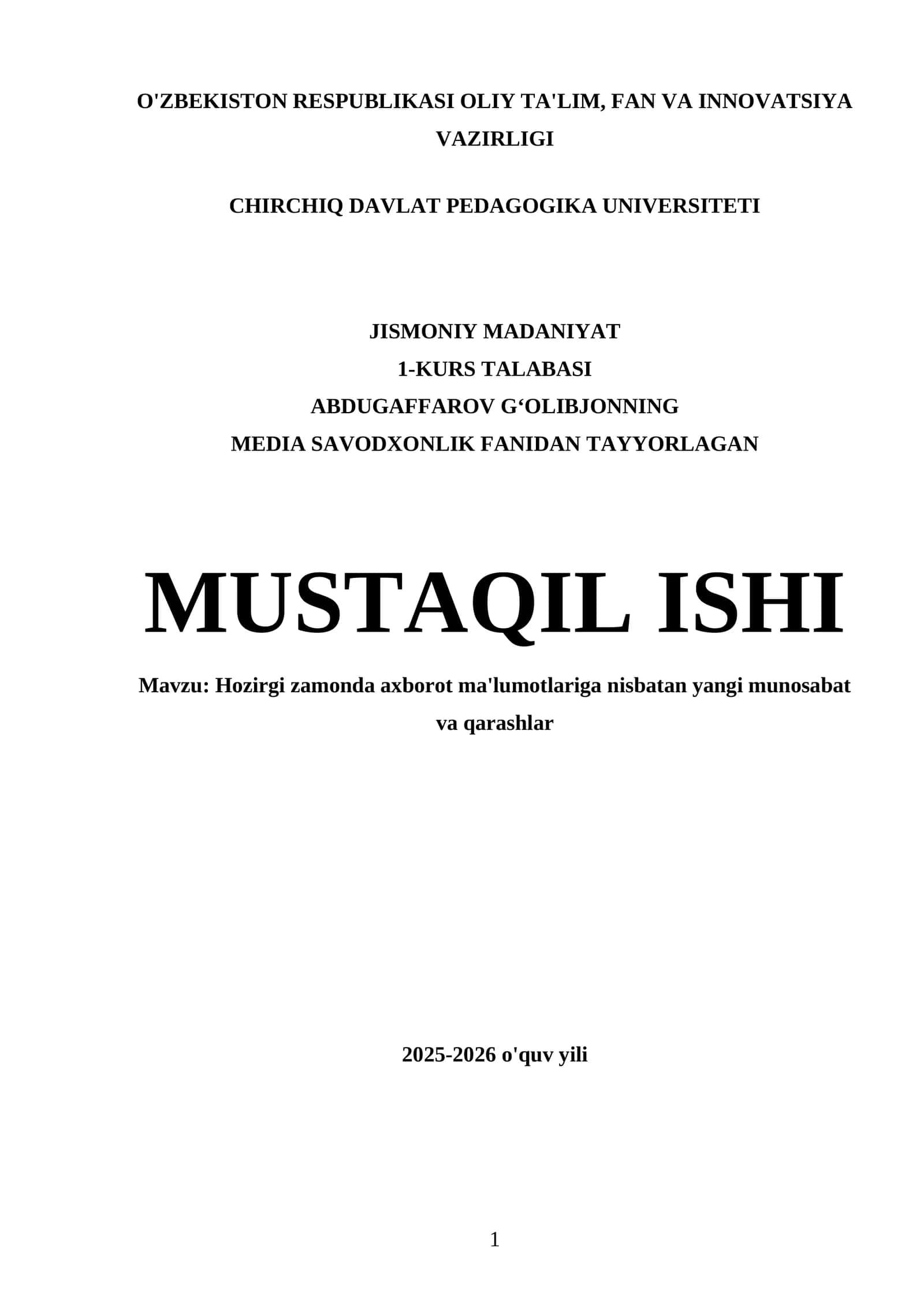 MEDIA SAVODXONLIK FANIDAN TAYYORLAGAN MUSTAQIL ISHI