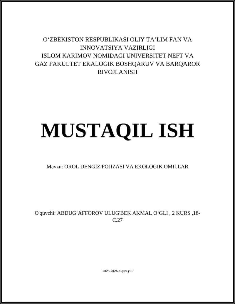 OROL DENGIZ FOJIZASI VA EKOLOGIK OMILLAR