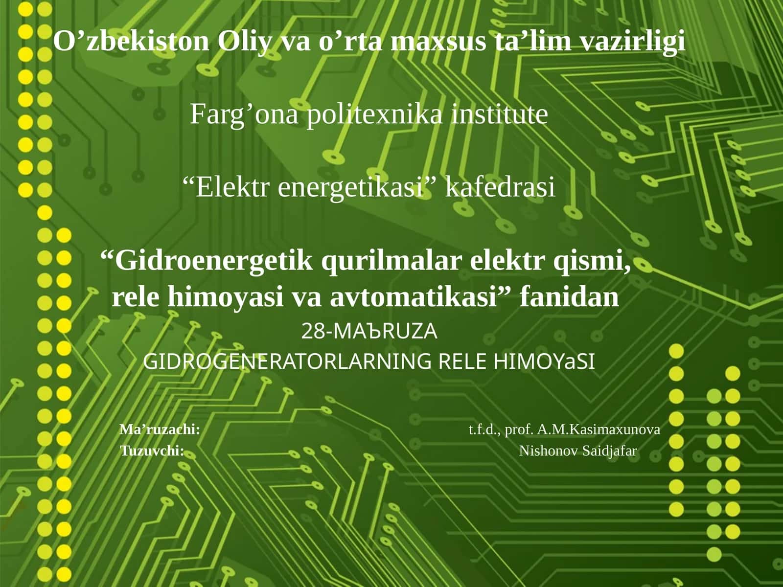 GIDROGENERATORLARNING RELEHIMOYaSI