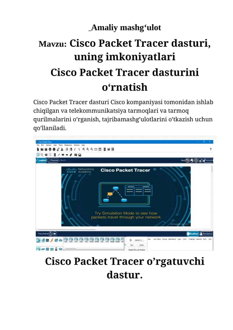 Cisco Packet Tracer dasturi, uning imkoniyatlari