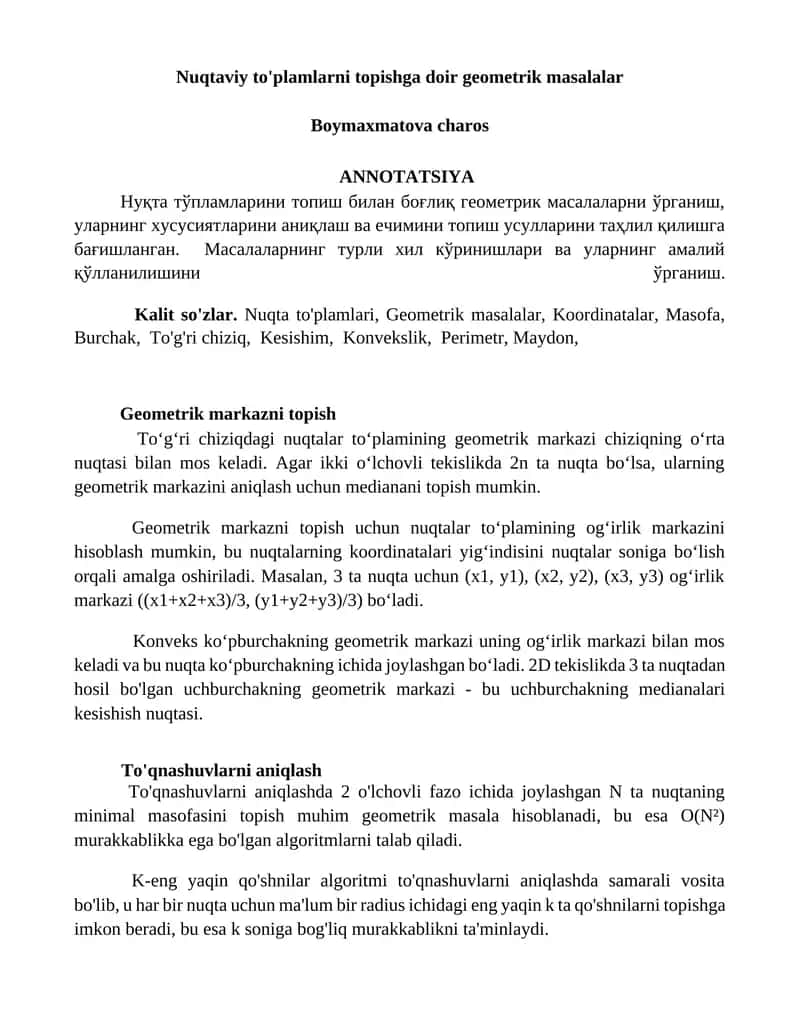 Nuqtaviy to'plamlarni topishga doir geometrik masalalar