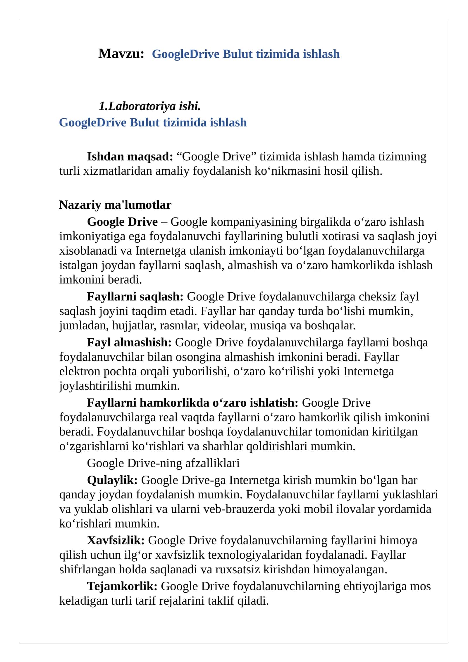 GoogleDrive Bulut tizimida ishlash
