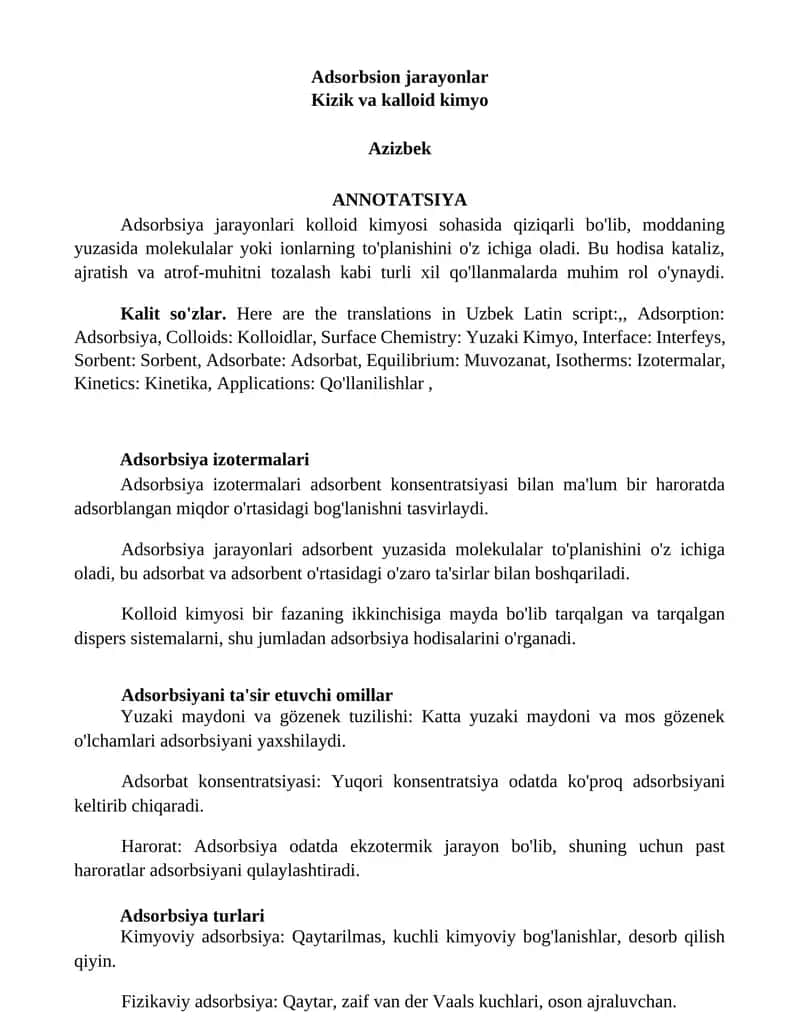Adsorbsion jarayonlar