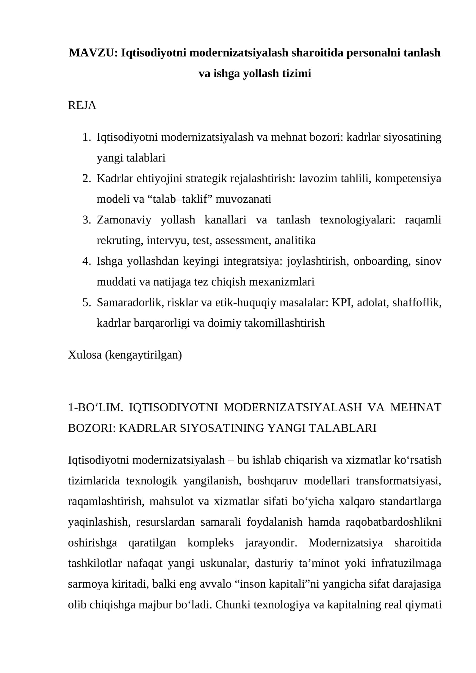 Iqtisodiyotni modernizatsiyalash sharoitida personalni tanlash va ishga yollash tizimi