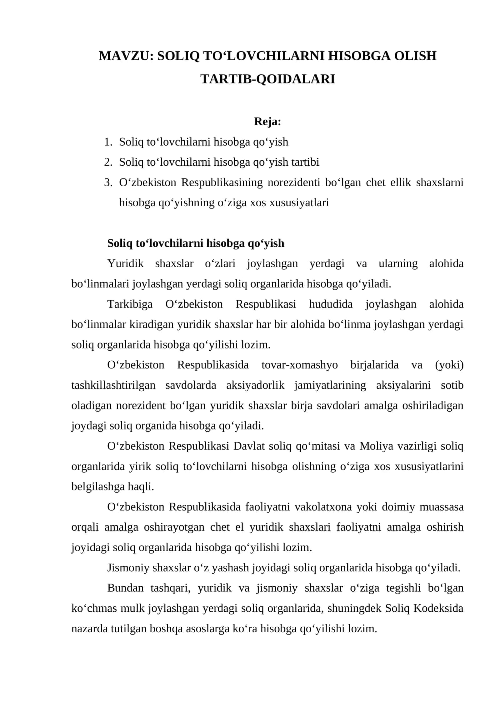 SOLIQ TO‘LOVCHILARNI HISOBGA OLISH TARTIB-QOIDALARI