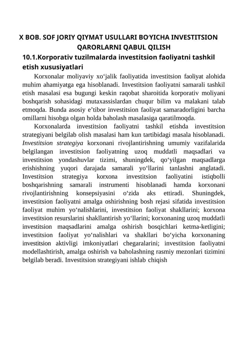 SOF JORIY QIYMAT USULLARI BOʻYICHA INVESTITSION QARORLARNI QABUL QILISH