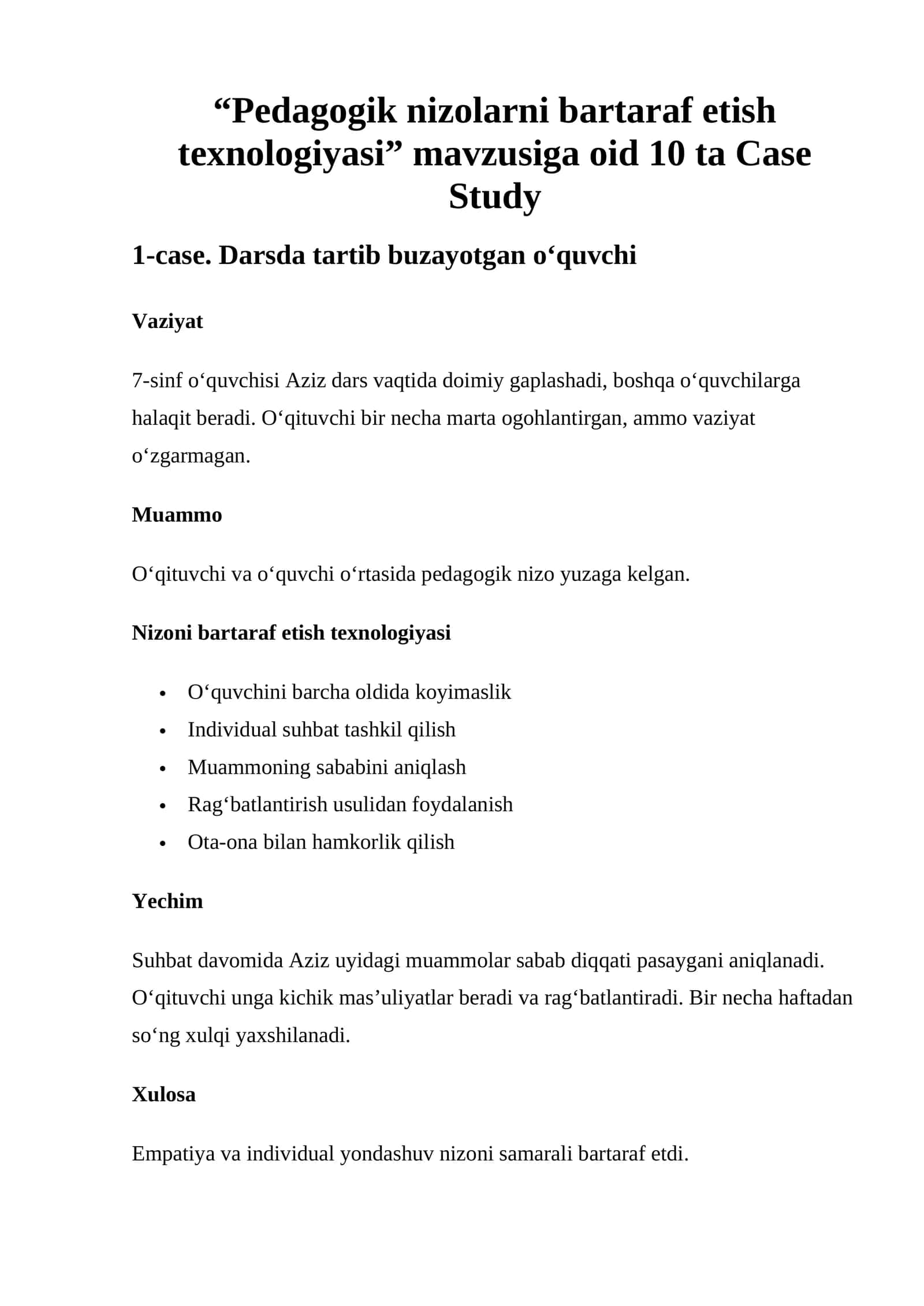 Pedagogik nizolarni bartaraf etish texnologiyasi