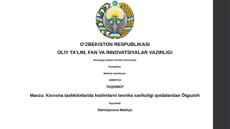 Korxona tashkilotlarida hodimlarni texnika xavfszligi qoidalaridan Ôtgazish