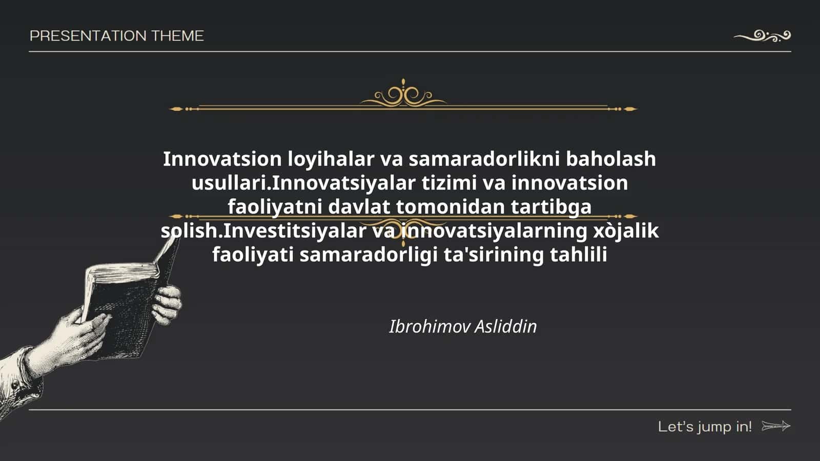 Innovatsion loyihalar va samaradorlikni baholash usullari.Innovatsiyalar tizimi va innovatsion faoliyatni davlat tomonidan tartibga solish.Investitsiyalar va innovatsiyalarning xòjalik faoliyati samaradorligi ta'sirining tahlili