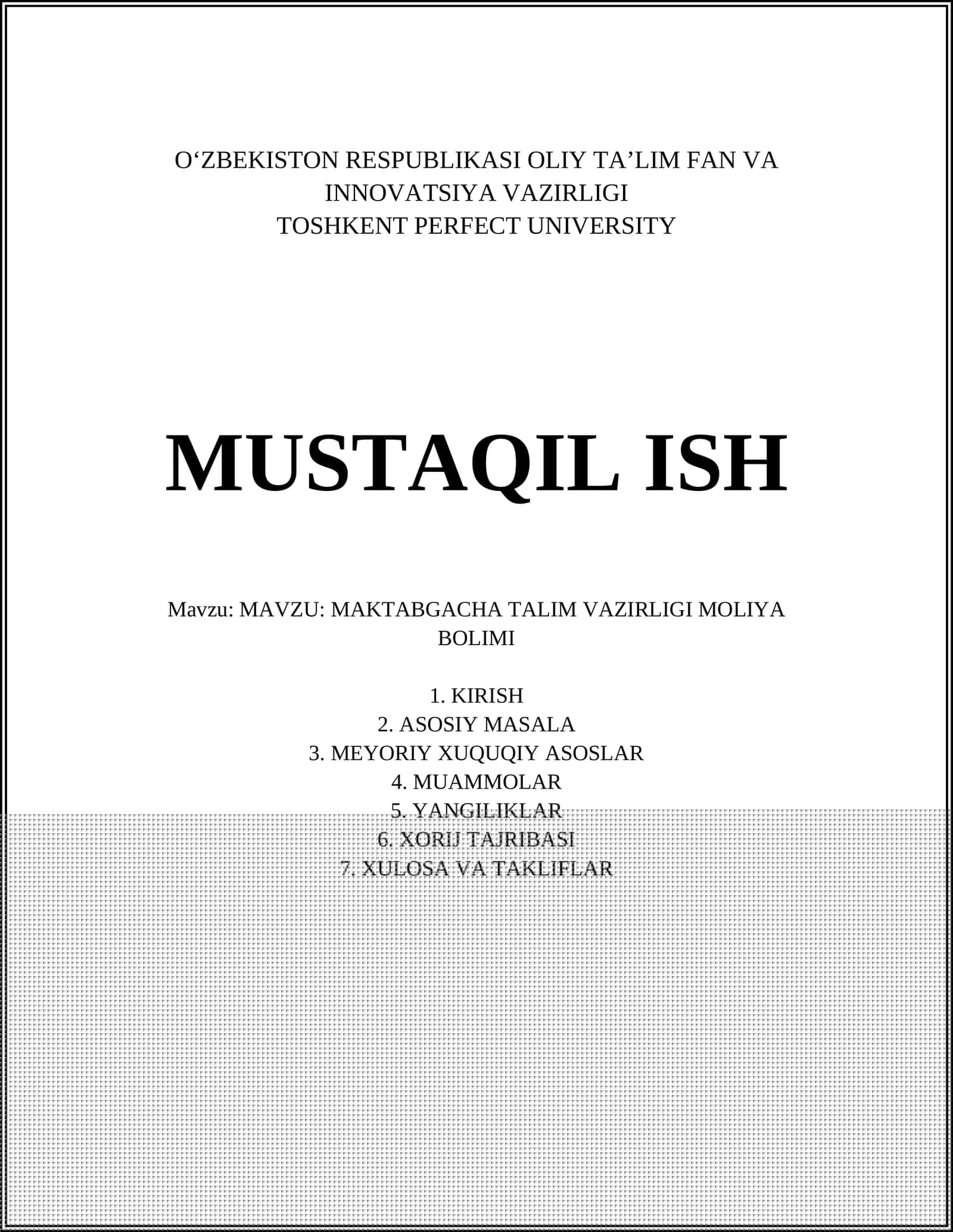 TOSHKENT PERFECT UNIVERSITY MUSTAQIL ISH