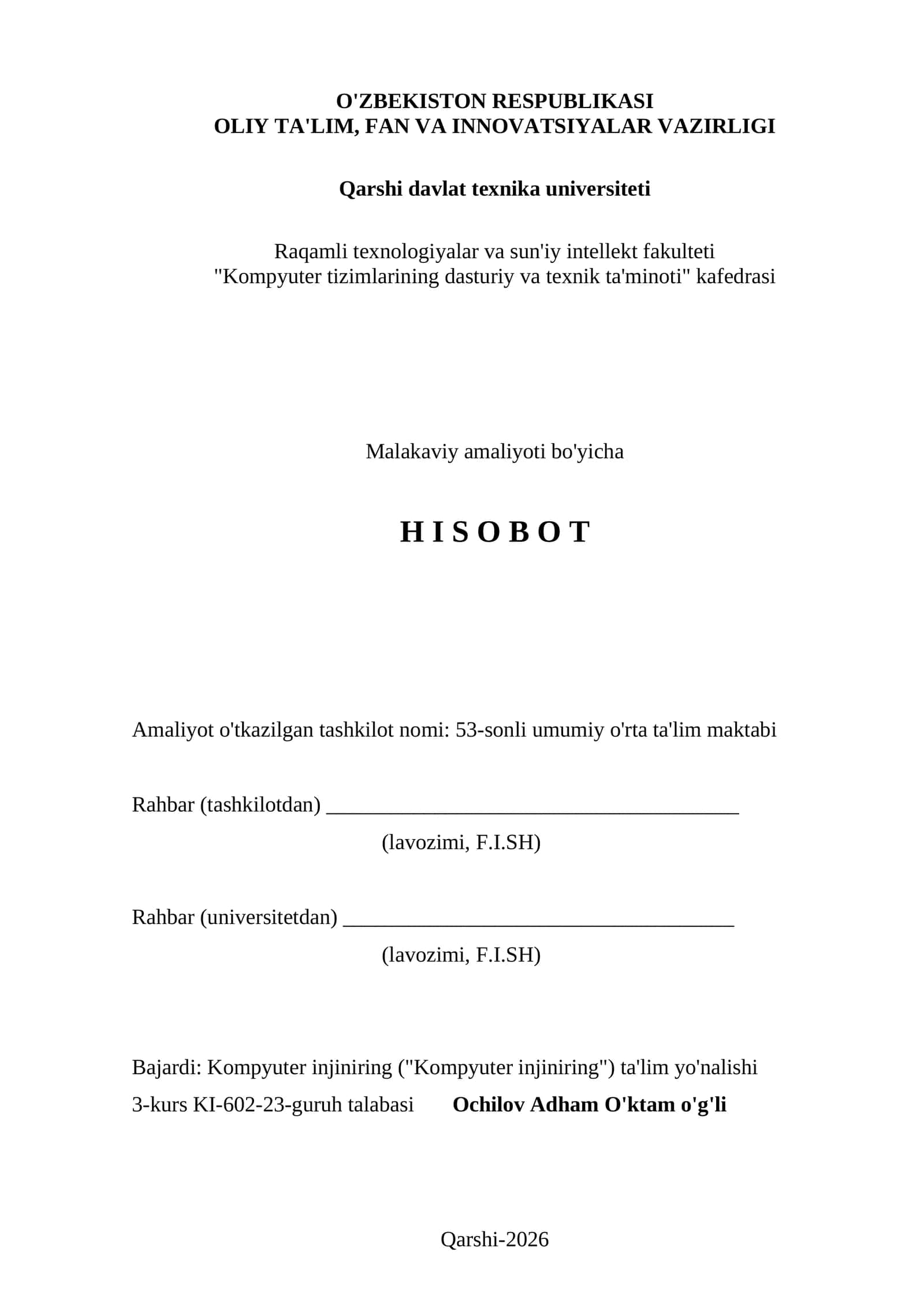 Kompyuter injiniring ('Kompyuter injiniring') ta'lim yo'nalishi 3-kurs talabasi