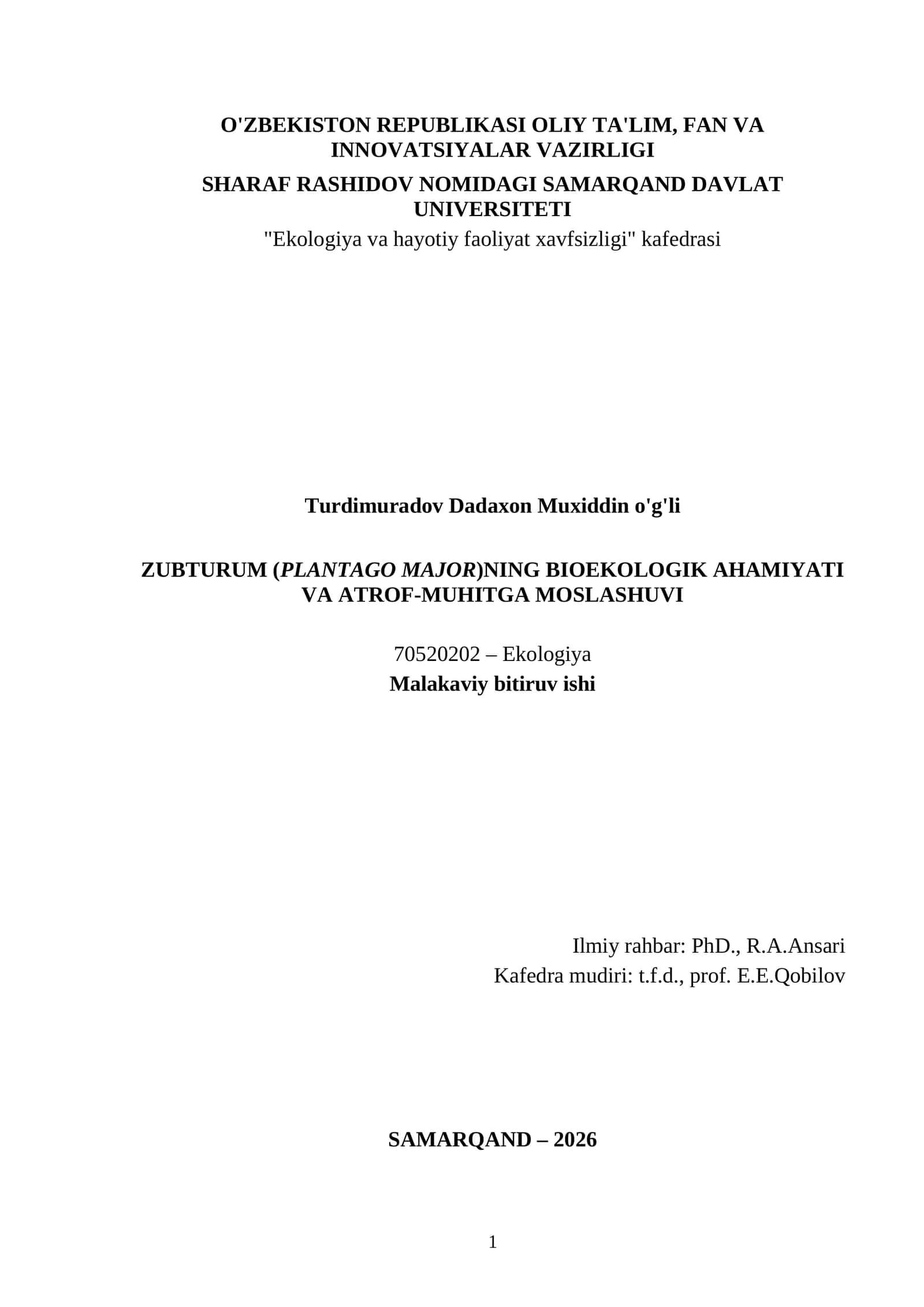 ZUBTURUM (PLANTAGO MAJOR)NING BIOEKOLOGIK AHAMIYATI VA ATROF-MUHITGA MOSLASHUVI