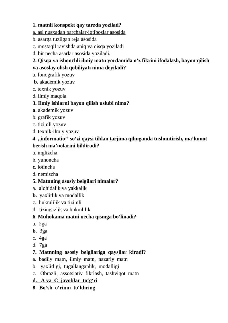 Akademik yozuv fanidan "MATNNI MA’NOVIY QISMLARGA BO‘LISH TAMOYILLARI.REJA.REJANING TURLARI" mavzusida test savollari (javoblari bilan)