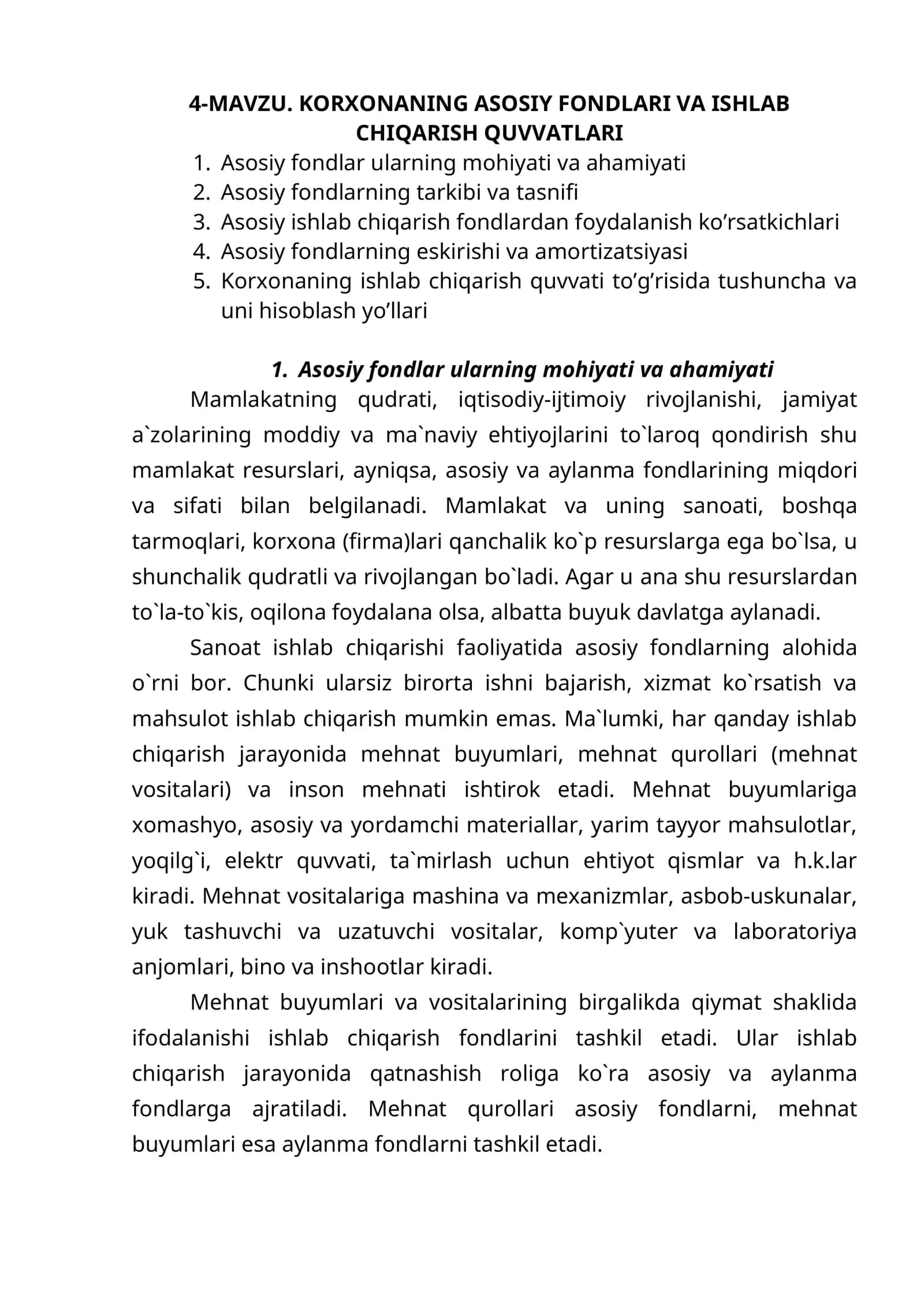 KORXONANING ASOSIY FONDLARI VA ISHLAB CHIQARISH QUVVATLARI