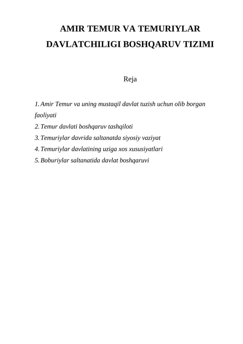 AMIR TEMUR VA TEMURIYLAR DAVLATCHILIGI BOSHQARUV TIZIMI