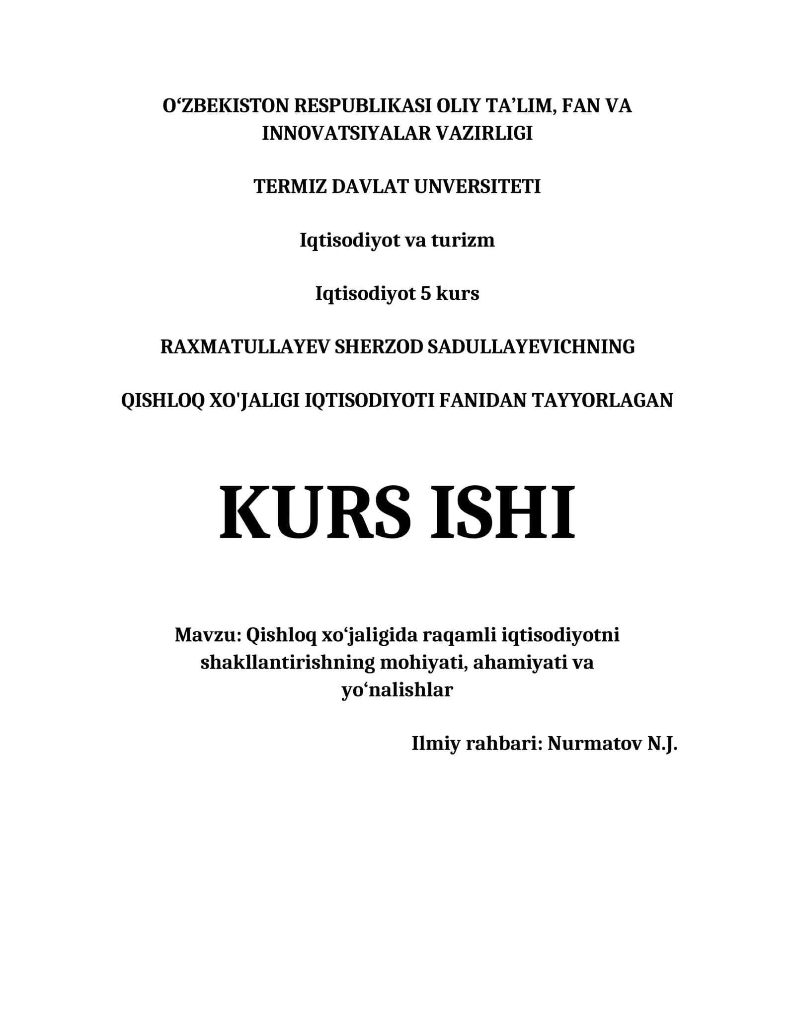 QISHLOQ XO'JALIGI IQTISODIYOTI FANIDAN TAYYORLAGAN KURS ISHI