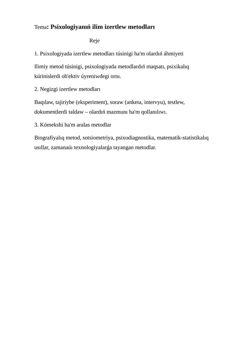 Psixologiyanıń ilim izertlew metodları
