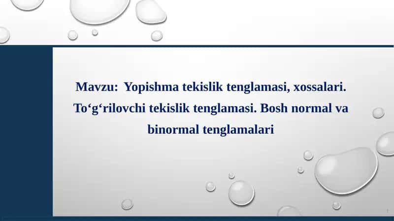 Yopishma tekislik tenglamasi, xossalari. To‘g‘rilovchi tekislik tenglamasi. Bosh normal va binormal tenglamalari