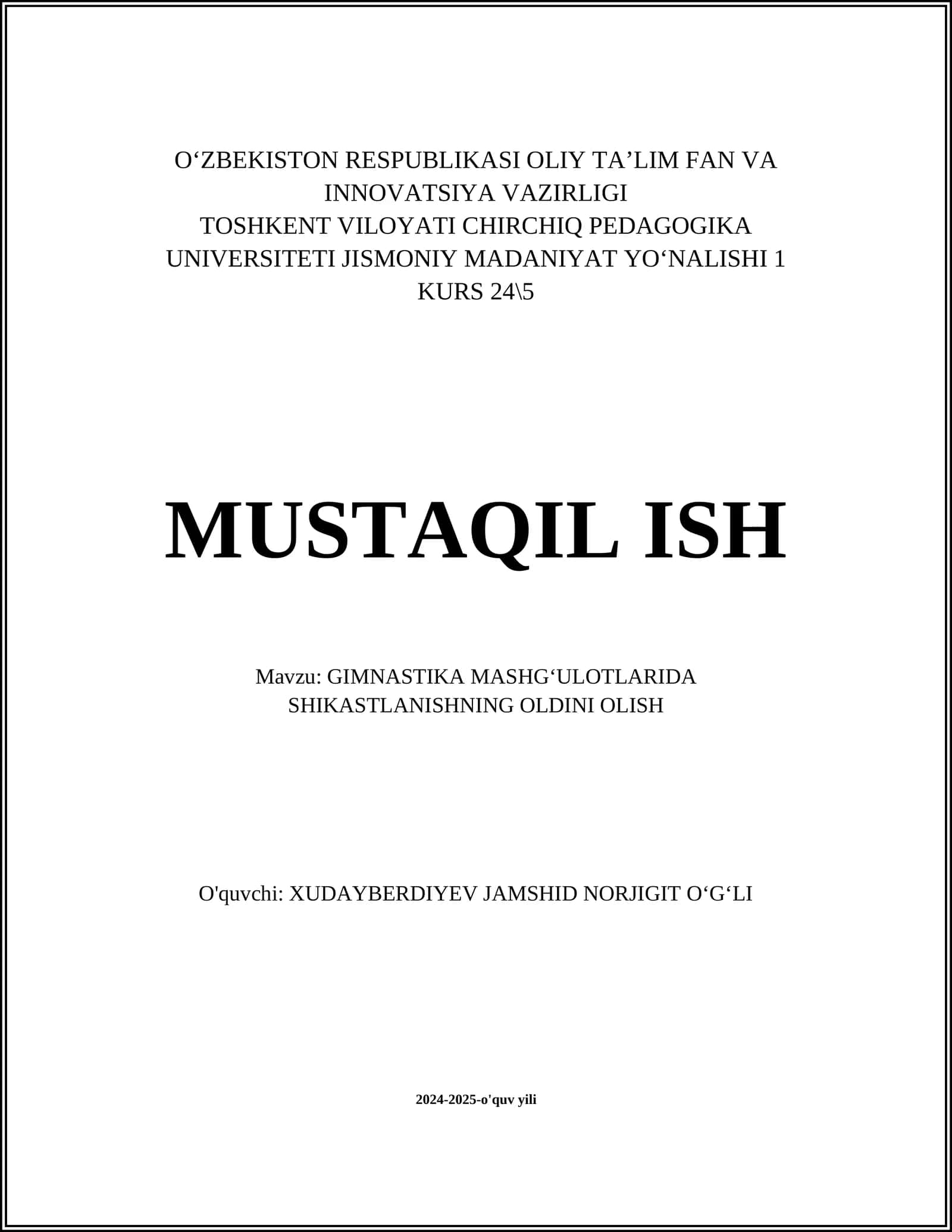 GIMNASTIKA MASHGʻULOTLARIDA SHIKASTLANISHNING OLDINI OLISH